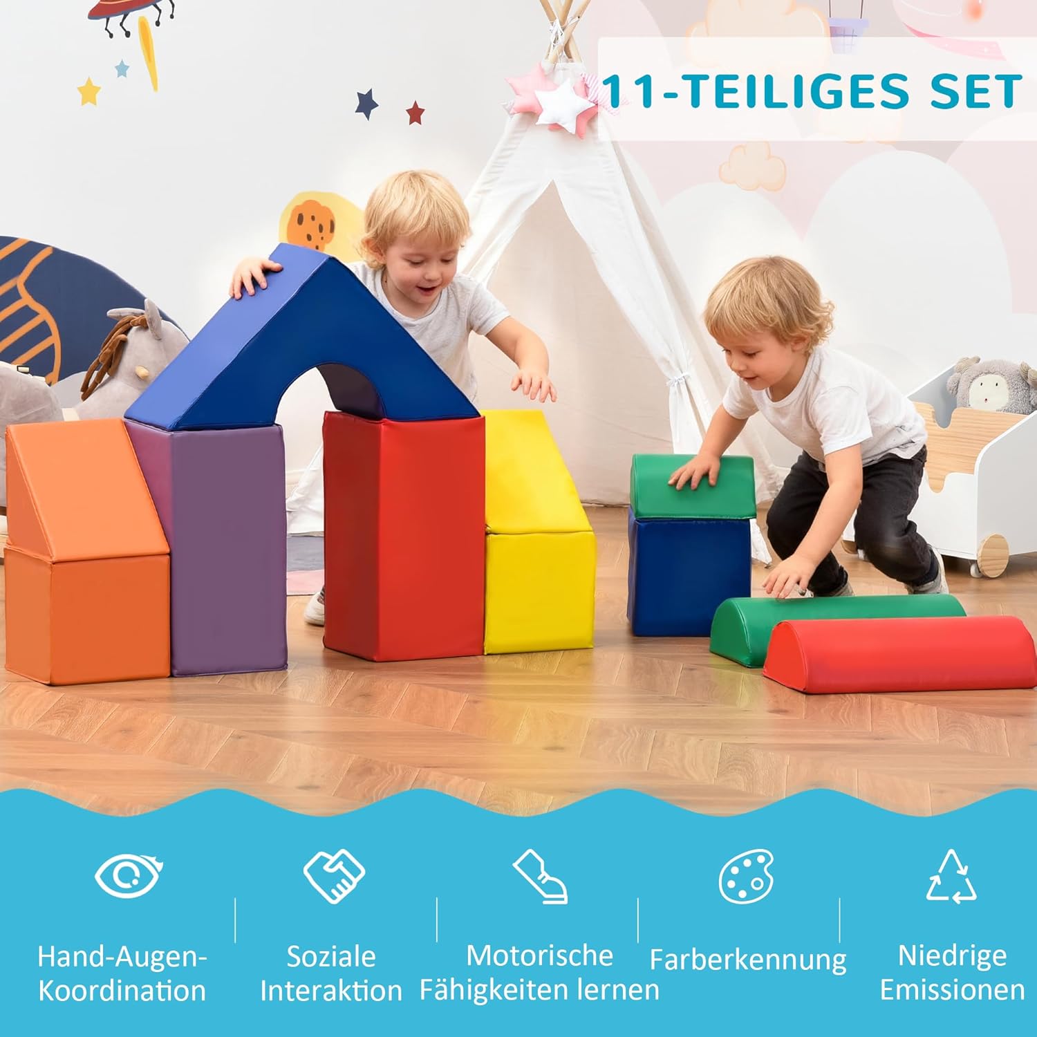HOMCOM 11 TLG. Schaumstoff Bausteine Kinder Softbausteine Klettern toben Bauklötze Weiche Schaumstoffbausteine für 1-3 Jahre Kinder Bausteinset Bunt — Ansicht 3