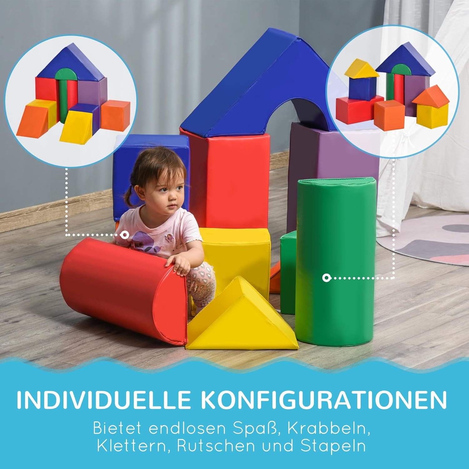 HOMCOM 11 TLG. Schaumstoff Bausteine Kinder Softbausteine Klettern toben Bauklötze Weiche Schaumstoffbausteine für 1-3 Jahre Kinder Bausteinset Bunt — Ansicht 4