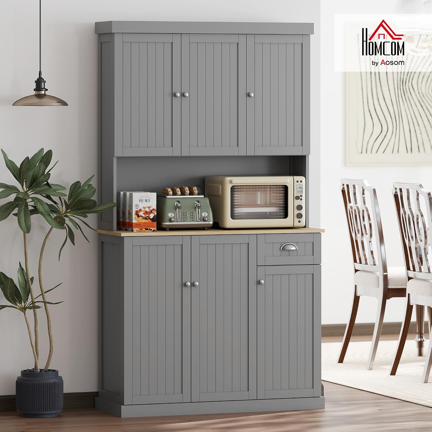 HOMCOM 180 cm Küchenschrank mit 6 Türen, 101 cm breit, moderner Küchenschrank mit Mikrowellenherd-Arbeitsplatte, Schublade, verstellbaren Regalen und Kabelloch, Grau — Ansicht 2