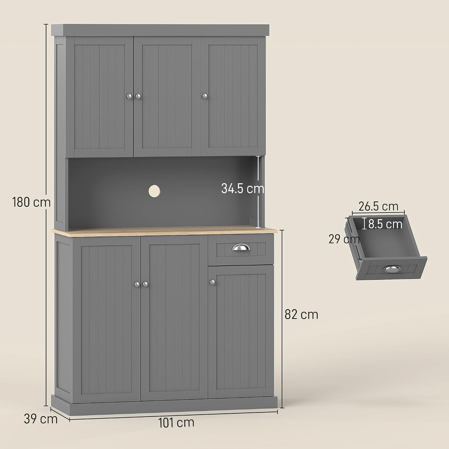 HOMCOM 180 cm Küchenschrank mit 6 Türen, 101 cm breit, moderner Küchenschrank mit Mikrowellenherd-Arbeitsplatte, Schublade, verstellbaren Regalen und Kabelloch, Grau — Ansicht 3