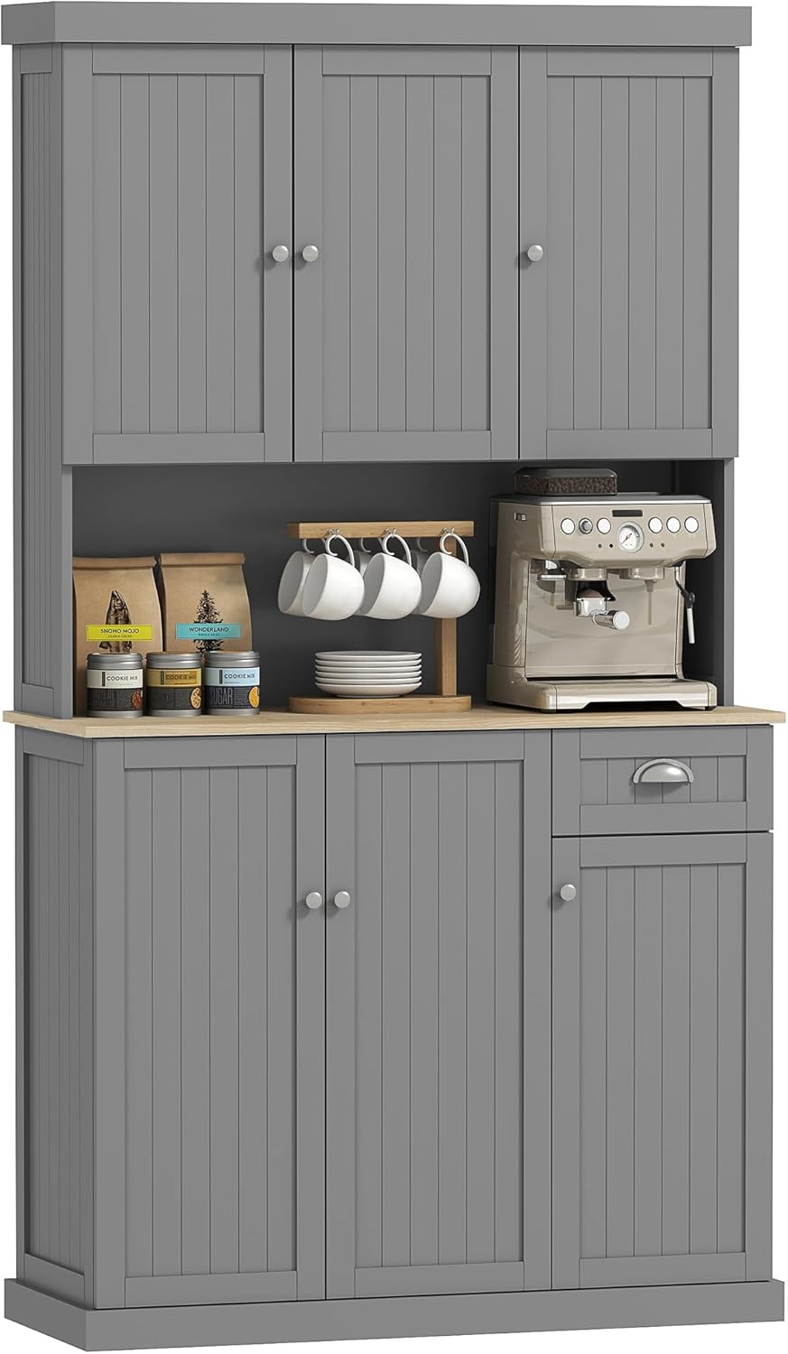 HOMCOM 180 cm Küchenschrank mit 6 Türen, 101 cm breit, moderner Küchenschrank mit Mikrowellenherd-Arbeitsplatte, Schublade, verstellbaren Regalen und Kabelloch, Grau