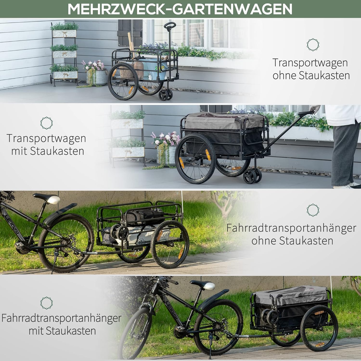 HOMCOM 2-in-1 Fahrradanhänger Lastenanhänger Transportanhänger für Fahrrad mit 20 Zoll-Luftreifen 40 kg Belastbarkeit Stahl Oxford-Stoff 130 x 64 x 64/103 cm — Ansicht 3