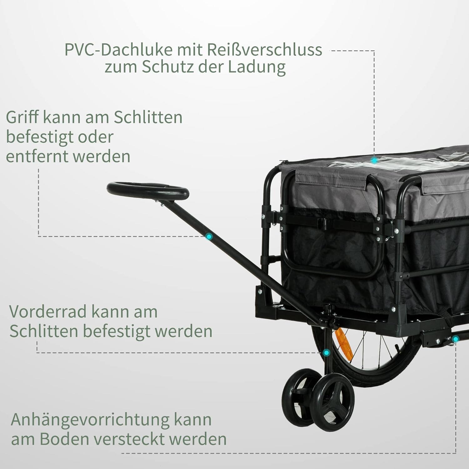 HOMCOM 2-in-1 Fahrradanhänger Lastenanhänger Transportanhänger für Fahrrad mit 20 Zoll-Luftreifen 40 kg Belastbarkeit Stahl Oxford-Stoff 130 x 64 x 64/103 cm — Ansicht 6