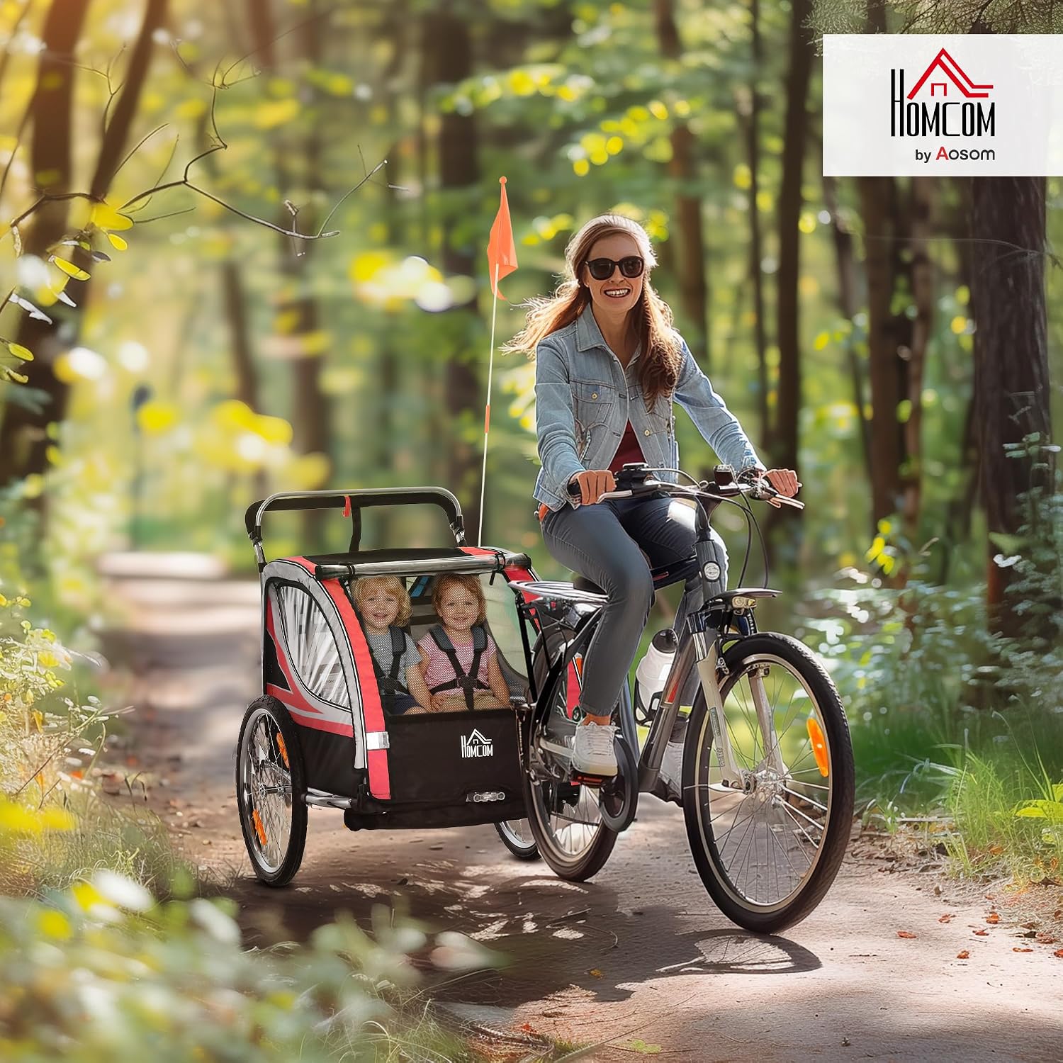 HOMCOM 2 in 1 Kinderfahrradanhänger, Kinderanhänger, Fahrradanhänger mit Mesh-Tür, 360° Drehbares Vorderrad, Buggy mit Bremse, Anhänger, 142 x 75 x 101 cm — Ansicht 2
