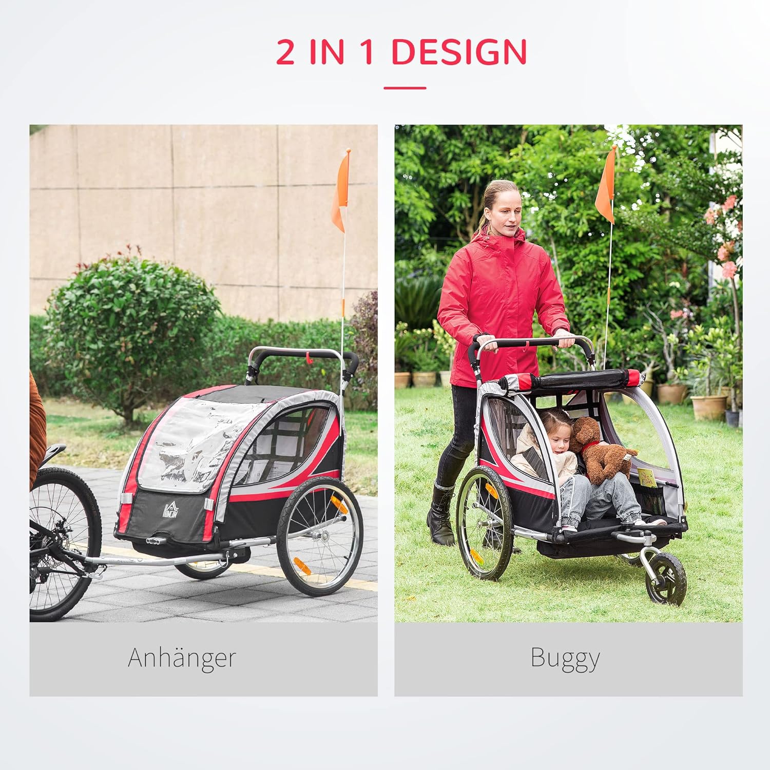 HOMCOM 2 in 1 Kinderfahrradanhänger, Kinderanhänger, Fahrradanhänger mit Mesh-Tür, 360° Drehbares Vorderrad, Buggy mit Bremse, Anhänger, 142 x 75 x 101 cm — Ansicht 3