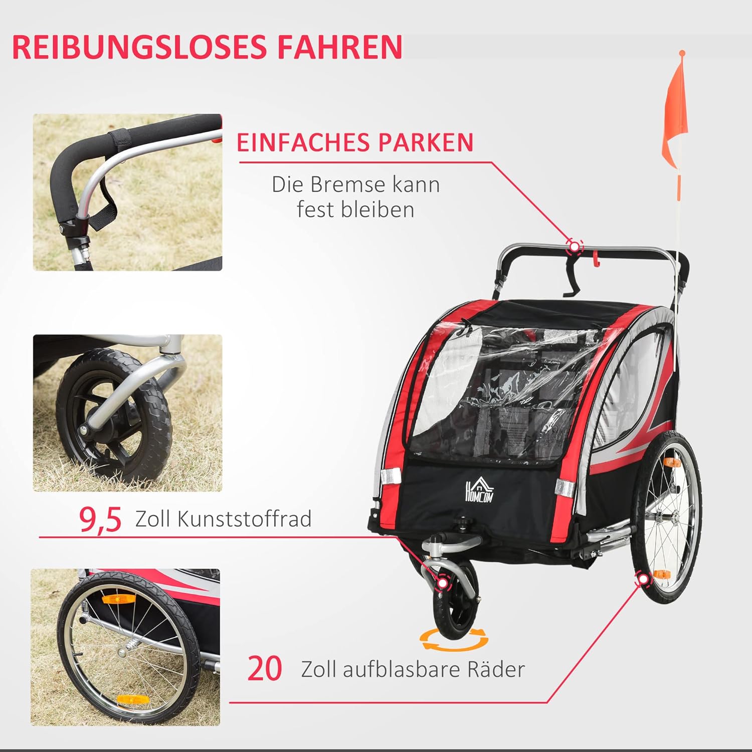 HOMCOM 2 in 1 Kinderfahrradanhänger, Kinderanhänger, Fahrradanhänger mit Mesh-Tür, 360° Drehbares Vorderrad, Buggy mit Bremse, Anhänger, 142 x 75 x 101 cm — Ansicht 4