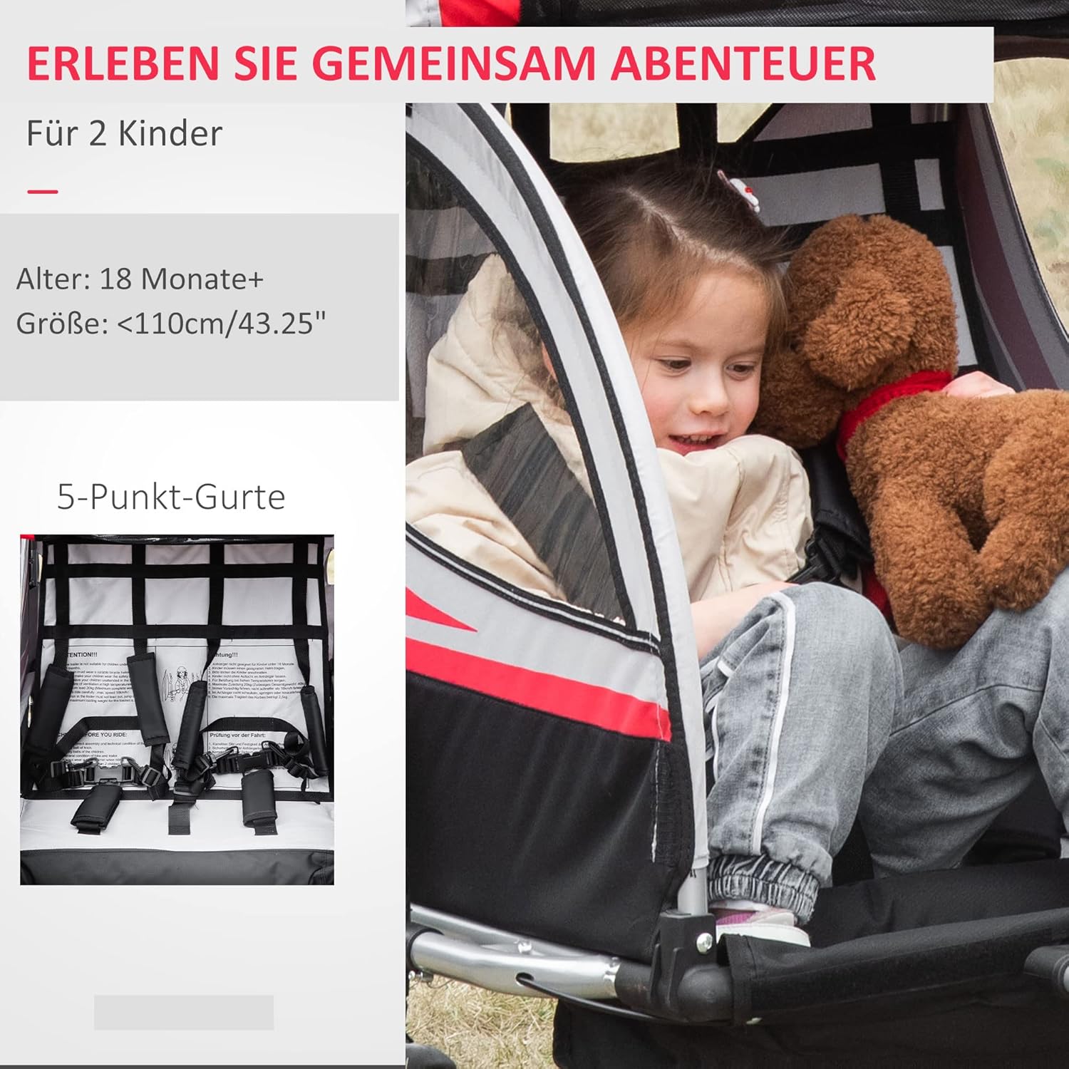 HOMCOM 2 in 1 Kinderfahrradanhänger, Kinderanhänger, Fahrradanhänger mit Mesh-Tür, 360° Drehbares Vorderrad, Buggy mit Bremse, Anhänger, 142 x 75 x 101 cm — Ansicht 5