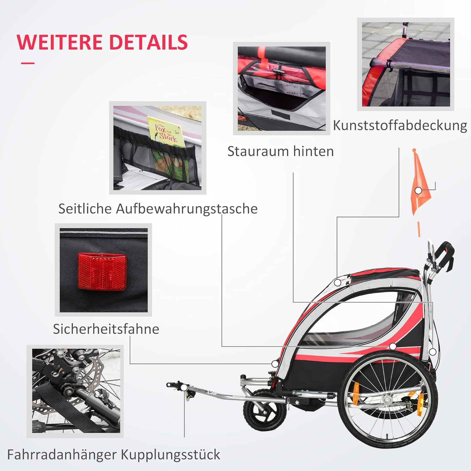 HOMCOM 2 in 1 Kinderfahrradanhänger, Kinderanhänger, Fahrradanhänger mit Mesh-Tür, 360° Drehbares Vorderrad, Buggy mit Bremse, Anhänger, 142 x 75 x 101 cm — Ansicht 6