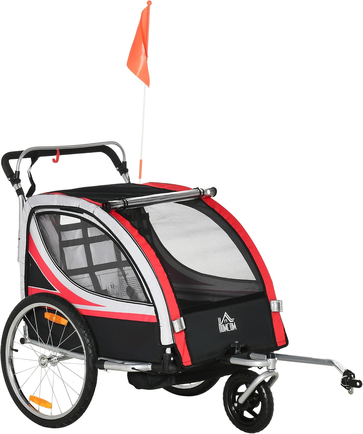 HOMCOM 2 in 1 Kinderfahrradanhänger, Kinderanhänger, Fahrradanhänger mit Mesh-Tür, 360° Drehbares Vorderrad, Buggy mit Bremse, Anhänger, 142 x 75 x 101 cm