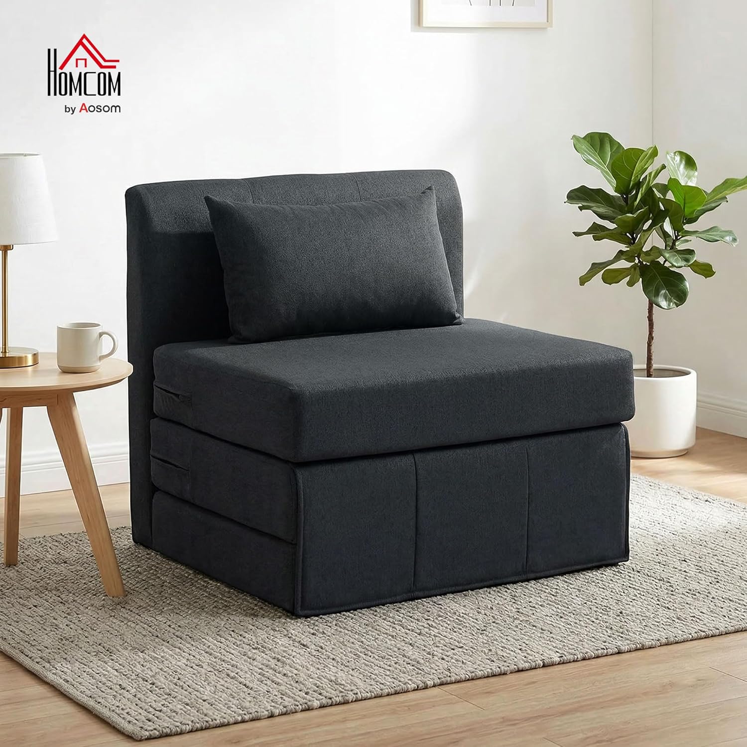 HOMCOM 2 in 1 Schlafsessel klappbar Schlafsofa mit Bettfunktion Leinenoptik, Gepolstert Gästebett Klappsessel Klappmatratze Bodensessel für Wohnzimmer Schlafzimmer 80x75x74cm Dunkelgrau — Ansicht 2