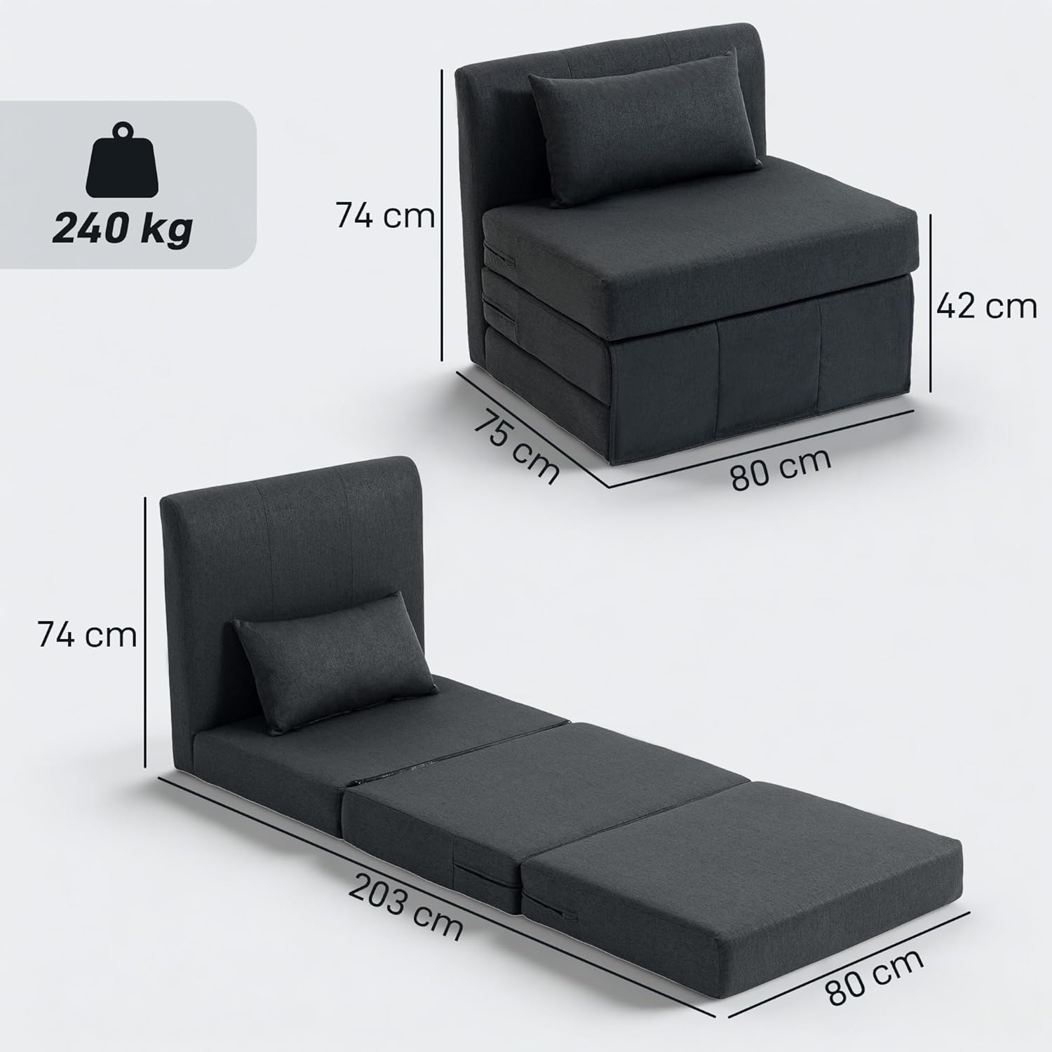HOMCOM 2 in 1 Schlafsessel klappbar Schlafsofa mit Bettfunktion Leinenoptik, Gepolstert Gästebett Klappsessel Klappmatratze Bodensessel für Wohnzimmer Schlafzimmer 80x75x74cm Dunkelgrau — Ansicht 3