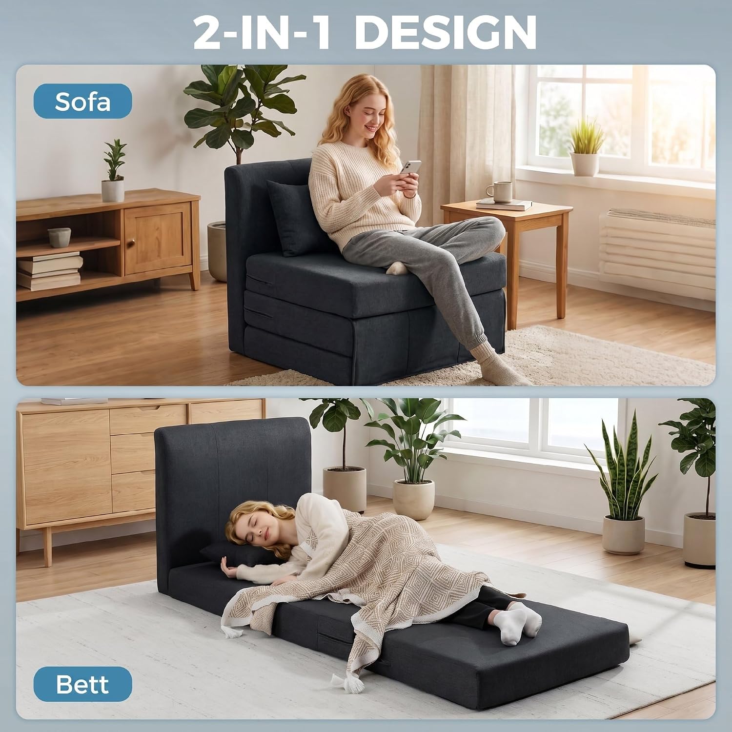 HOMCOM 2 in 1 Schlafsessel klappbar Schlafsofa mit Bettfunktion Leinenoptik, Gepolstert Gästebett Klappsessel Klappmatratze Bodensessel für Wohnzimmer Schlafzimmer 80x75x74cm Dunkelgrau — Ansicht 4