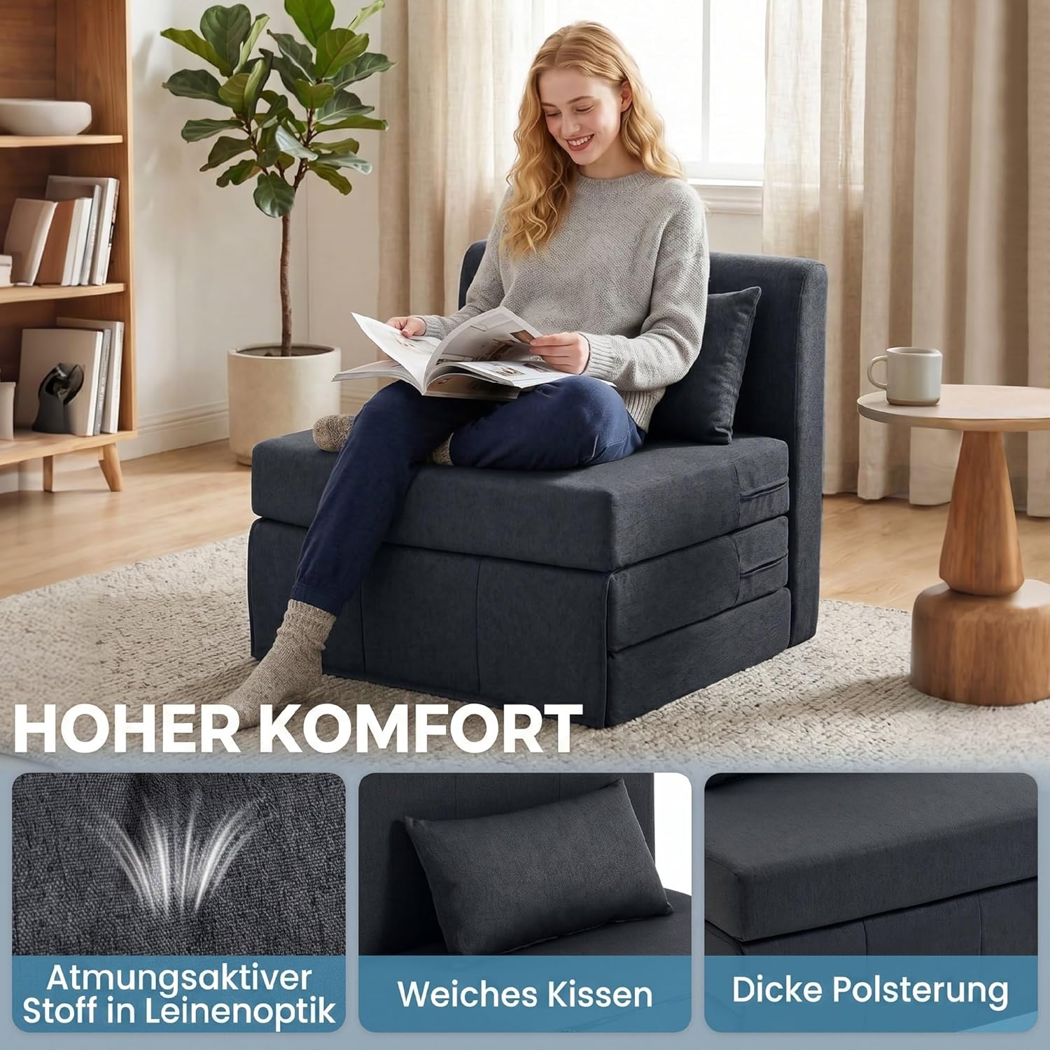 HOMCOM 2 in 1 Schlafsessel klappbar Schlafsofa mit Bettfunktion Leinenoptik, Gepolstert Gästebett Klappsessel Klappmatratze Bodensessel für Wohnzimmer Schlafzimmer 80x75x74cm Dunkelgrau — Ansicht 5
