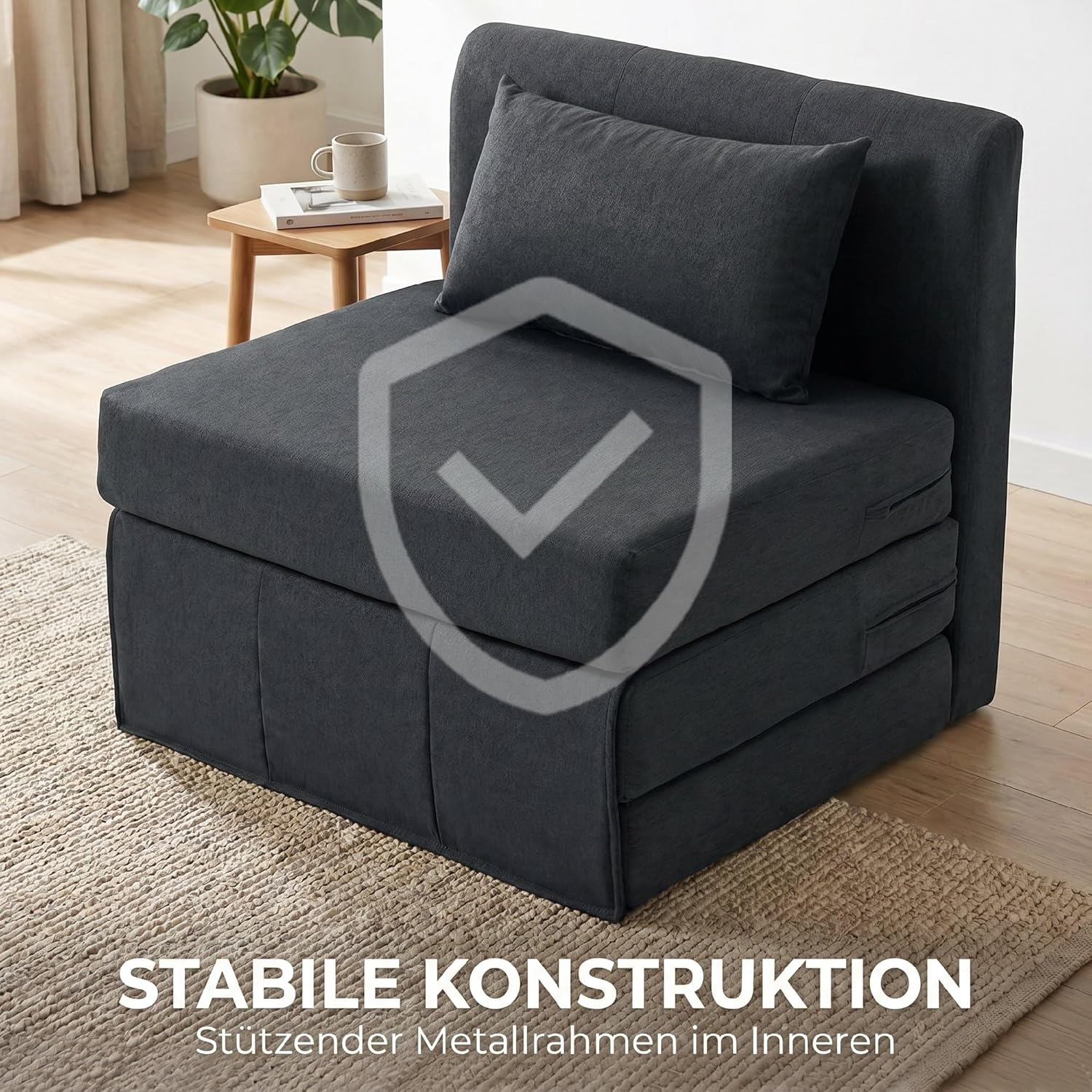 HOMCOM 2 in 1 Schlafsessel klappbar Schlafsofa mit Bettfunktion Leinenoptik, Gepolstert Gästebett Klappsessel Klappmatratze Bodensessel für Wohnzimmer Schlafzimmer 80x75x74cm Dunkelgrau — Ansicht 6