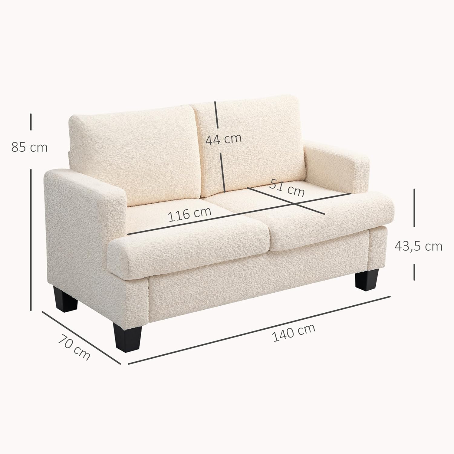 HOMCOM 2-Sitzer-Sofa für Wohnzimmer, 140 cm, mit abnehmbaren Rückenkissen und Armlehnen, moderner Stil, Mini-Sofa für Schlafzimmer, Kleiner Raum, Wohnung, Beige — Ansicht 3