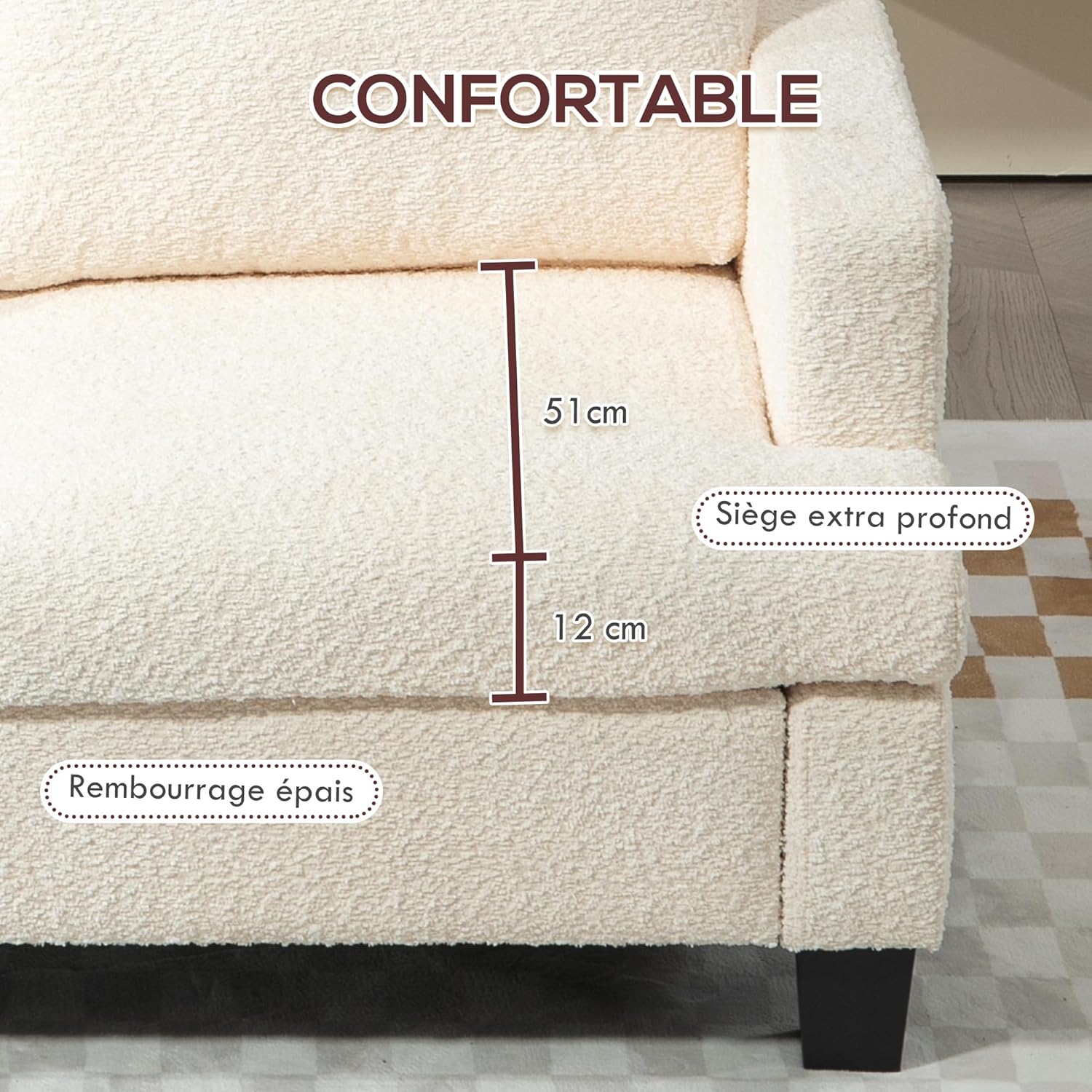 HOMCOM 2-Sitzer-Sofa für Wohnzimmer, 140 cm, mit abnehmbaren Rückenkissen und Armlehnen, moderner Stil, Mini-Sofa für Schlafzimmer, Kleiner Raum, Wohnung, Beige — Ansicht 4