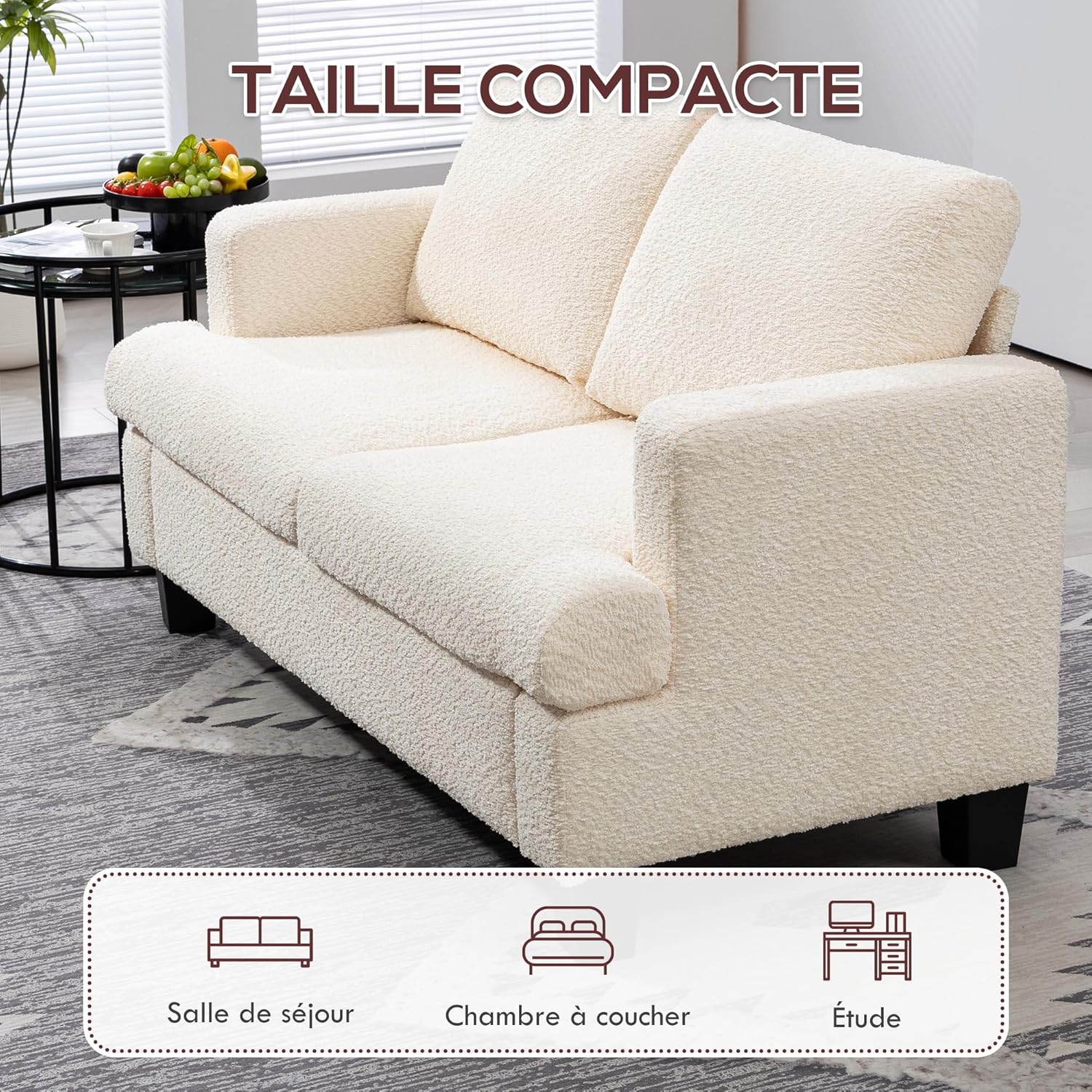 HOMCOM 2-Sitzer-Sofa für Wohnzimmer, 140 cm, mit abnehmbaren Rückenkissen und Armlehnen, moderner Stil, Mini-Sofa für Schlafzimmer, Kleiner Raum, Wohnung, Beige — Ansicht 6