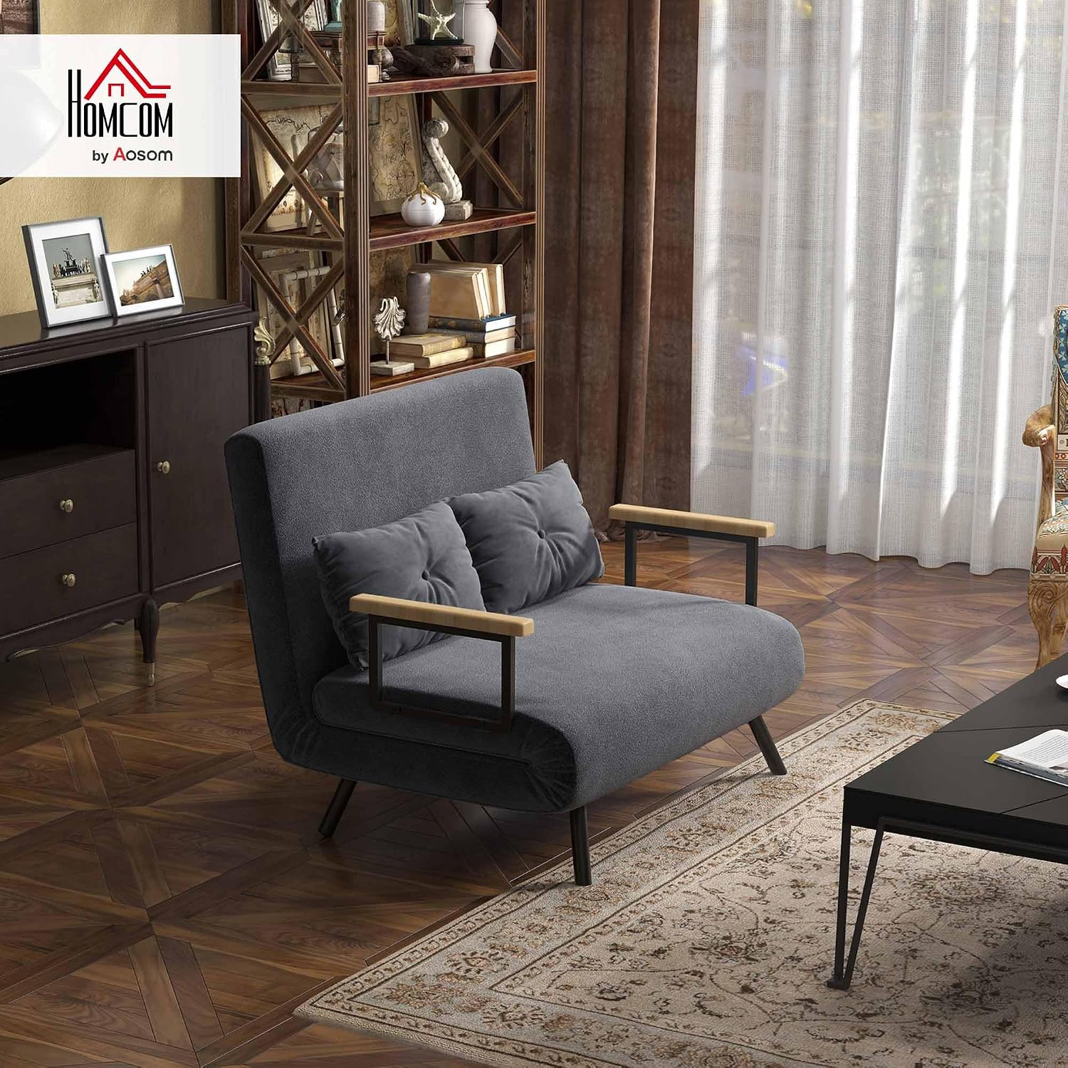 HOMCOM 2-Sitzer-Sofa, klappbar, mit Samt bezogen, mit verstellbarer Rückenlehne in 5 Stufen und 2 gepolsterten Kissen, für Büro, Schlafzimmer, Wohnzimmer, 102 x 73 x 81 cm, Grau — Ansicht 2