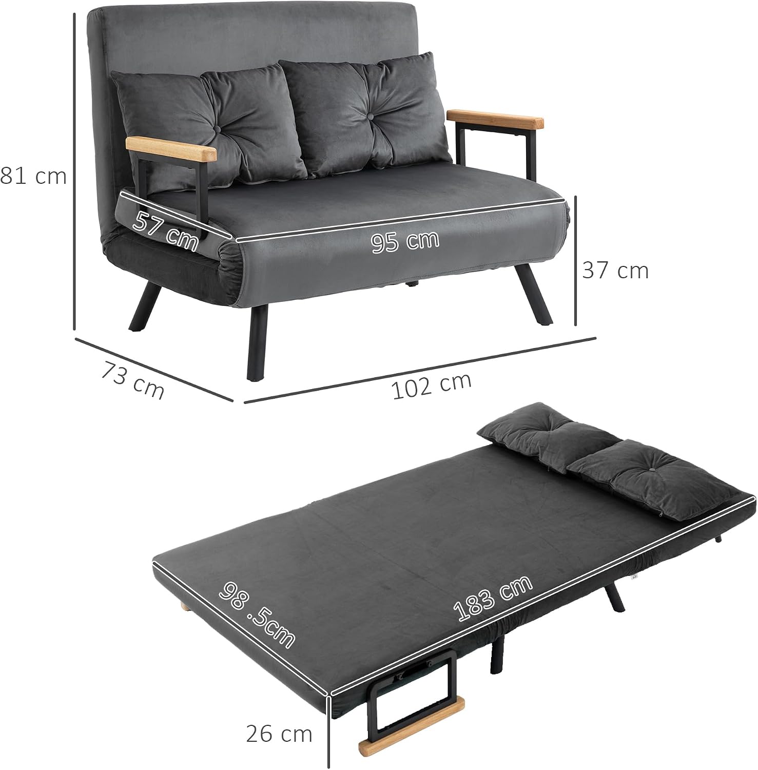 HOMCOM 2-Sitzer-Sofa, klappbar, mit Samt bezogen, mit verstellbarer Rückenlehne in 5 Stufen und 2 gepolsterten Kissen, für Büro, Schlafzimmer, Wohnzimmer, 102 x 73 x 81 cm, Grau — Ansicht 3