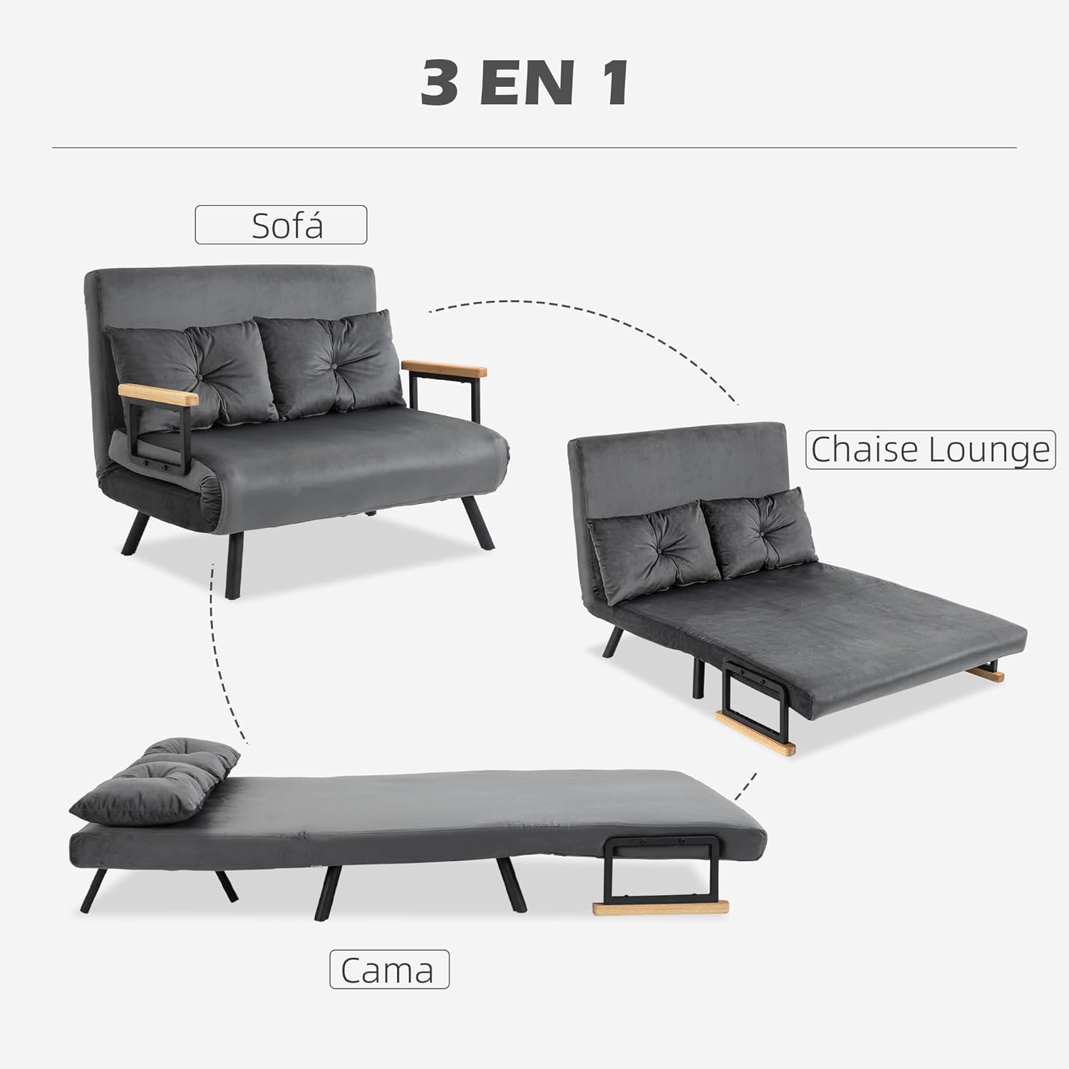 HOMCOM 2-Sitzer-Sofa, klappbar, mit Samt bezogen, mit verstellbarer Rückenlehne in 5 Stufen und 2 gepolsterten Kissen, für Büro, Schlafzimmer, Wohnzimmer, 102 x 73 x 81 cm, Grau — Ansicht 4