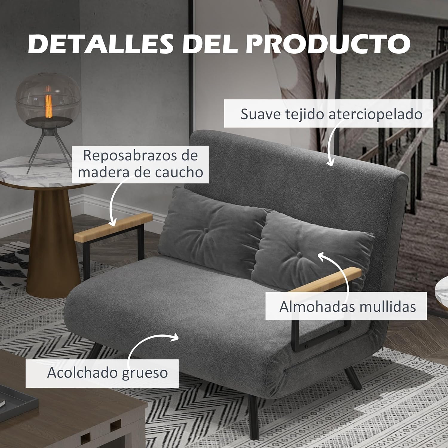 HOMCOM 2-Sitzer-Sofa, klappbar, mit Samt bezogen, mit verstellbarer Rückenlehne in 5 Stufen und 2 gepolsterten Kissen, für Büro, Schlafzimmer, Wohnzimmer, 102 x 73 x 81 cm, Grau — Ansicht 6