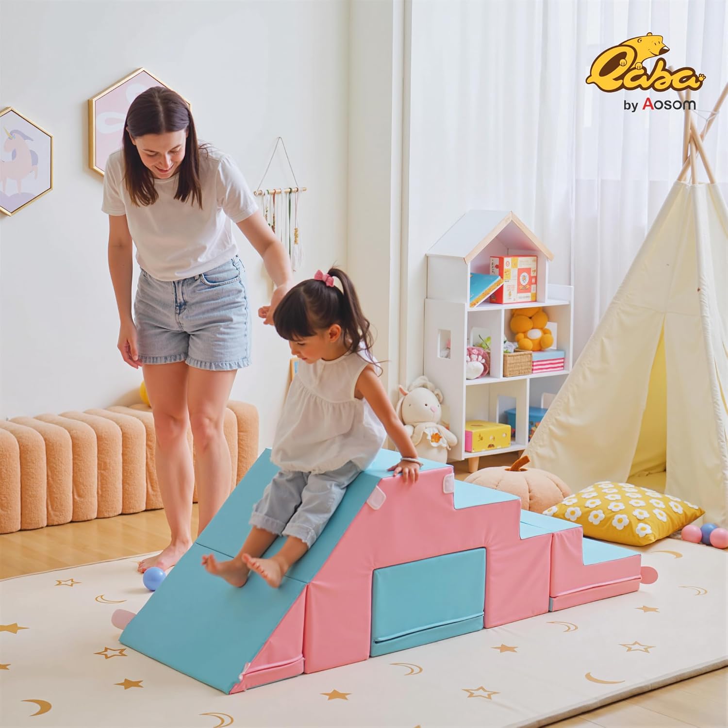 HOMCOM 2 TLG. Schaumstoff Bausteine Kinder Softbausteine Weiche Riesenbausteine Schaumstoffblöcke für 1-3 Jahre alt Kinder Spielbausteine Rosa+Blau — Ansicht 2