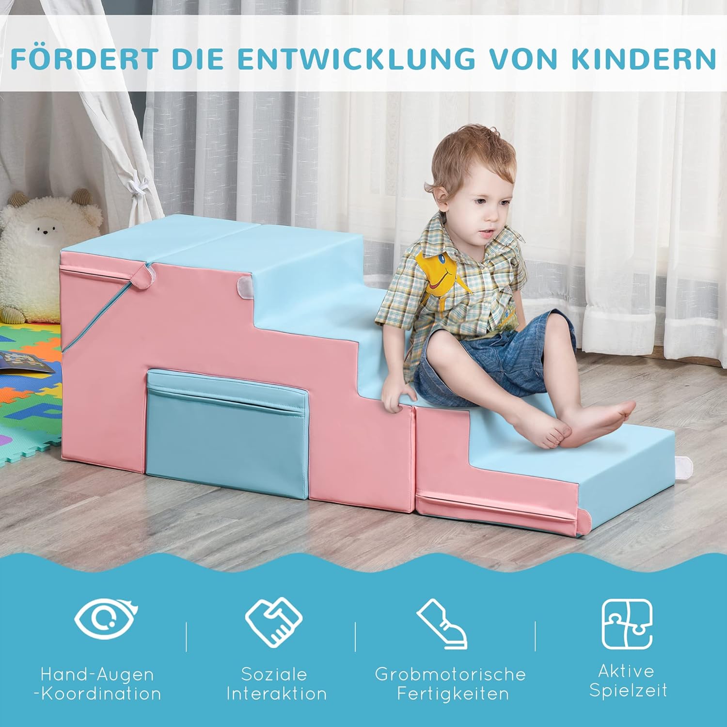 HOMCOM 2 TLG. Schaumstoff Bausteine Kinder Softbausteine Weiche Riesenbausteine Schaumstoffblöcke für 1-3 Jahre alt Kinder Spielbausteine Rosa+Blau — Ansicht 3