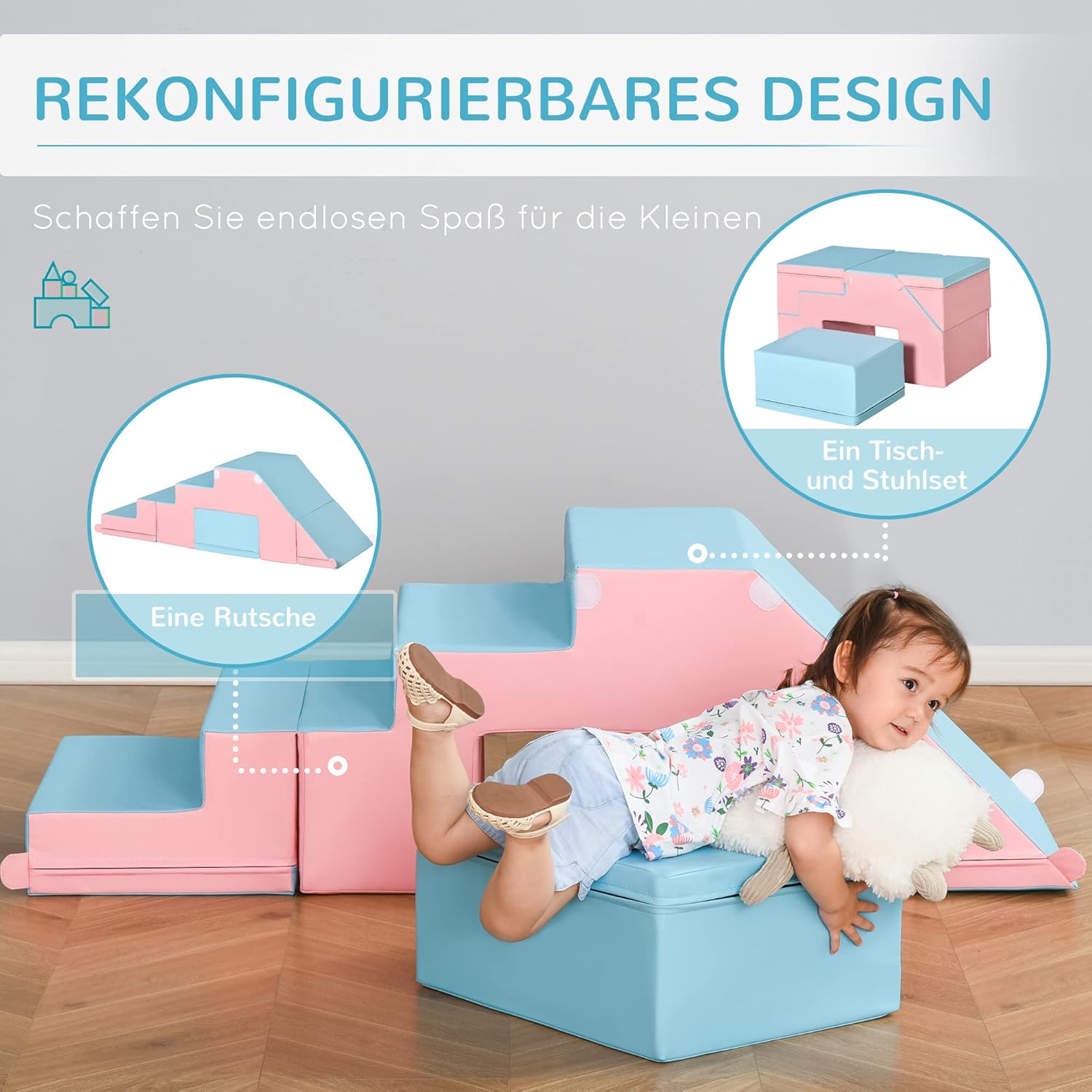 HOMCOM 2 TLG. Schaumstoff Bausteine Kinder Softbausteine Weiche Riesenbausteine Schaumstoffblöcke für 1-3 Jahre alt Kinder Spielbausteine Rosa+Blau — Ansicht 5