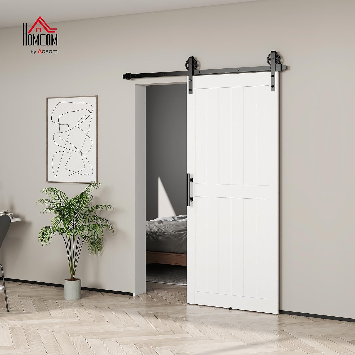 HOMCOM 213 cm Schiebetür im Landhausstil mit Schiene und Griff, Eingangstür aus MDF und Stahl mit Montagezubehör, schwarz und weiß — Ansicht 2