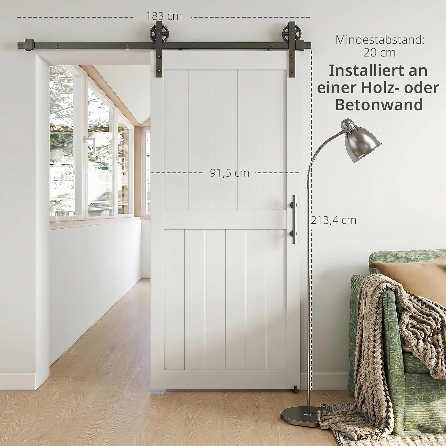 HOMCOM 213 cm Schiebetür im Landhausstil mit Schiene und Griff, Eingangstür aus MDF und Stahl mit Montagezubehör, schwarz und weiß — Ansicht 4