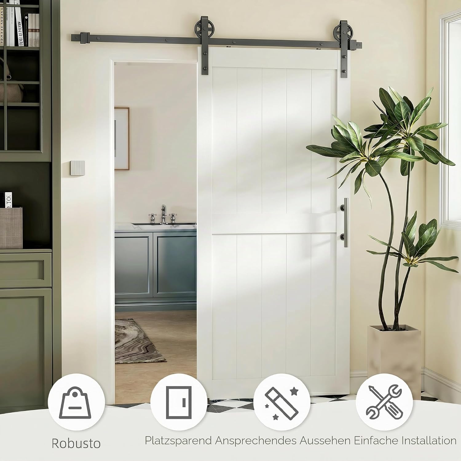 HOMCOM 213 cm Schiebetür im Landhausstil mit Schiene und Griff, Eingangstür aus MDF und Stahl mit Montagezubehör, schwarz und weiß — Ansicht 5