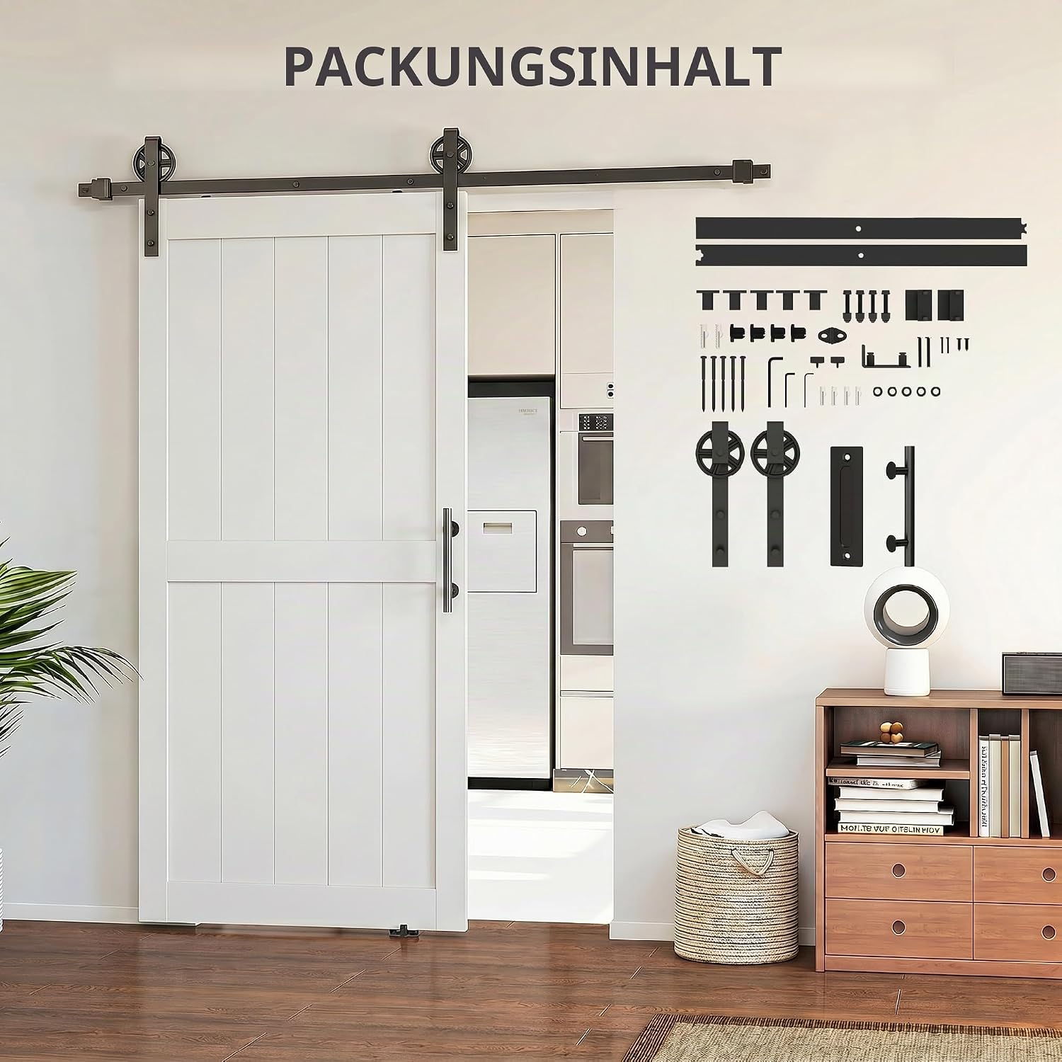 HOMCOM 213 cm Schiebetür im Landhausstil mit Schiene und Griff, Eingangstür aus MDF und Stahl mit Montagezubehör, schwarz und weiß — Ansicht 6