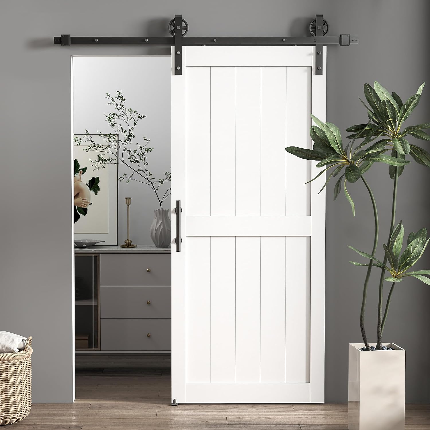 HOMCOM 213 cm Schiebetür im Landhausstil mit Schiene und Griff, Eingangstür aus MDF und Stahl mit Montagezubehör, schwarz und weiß