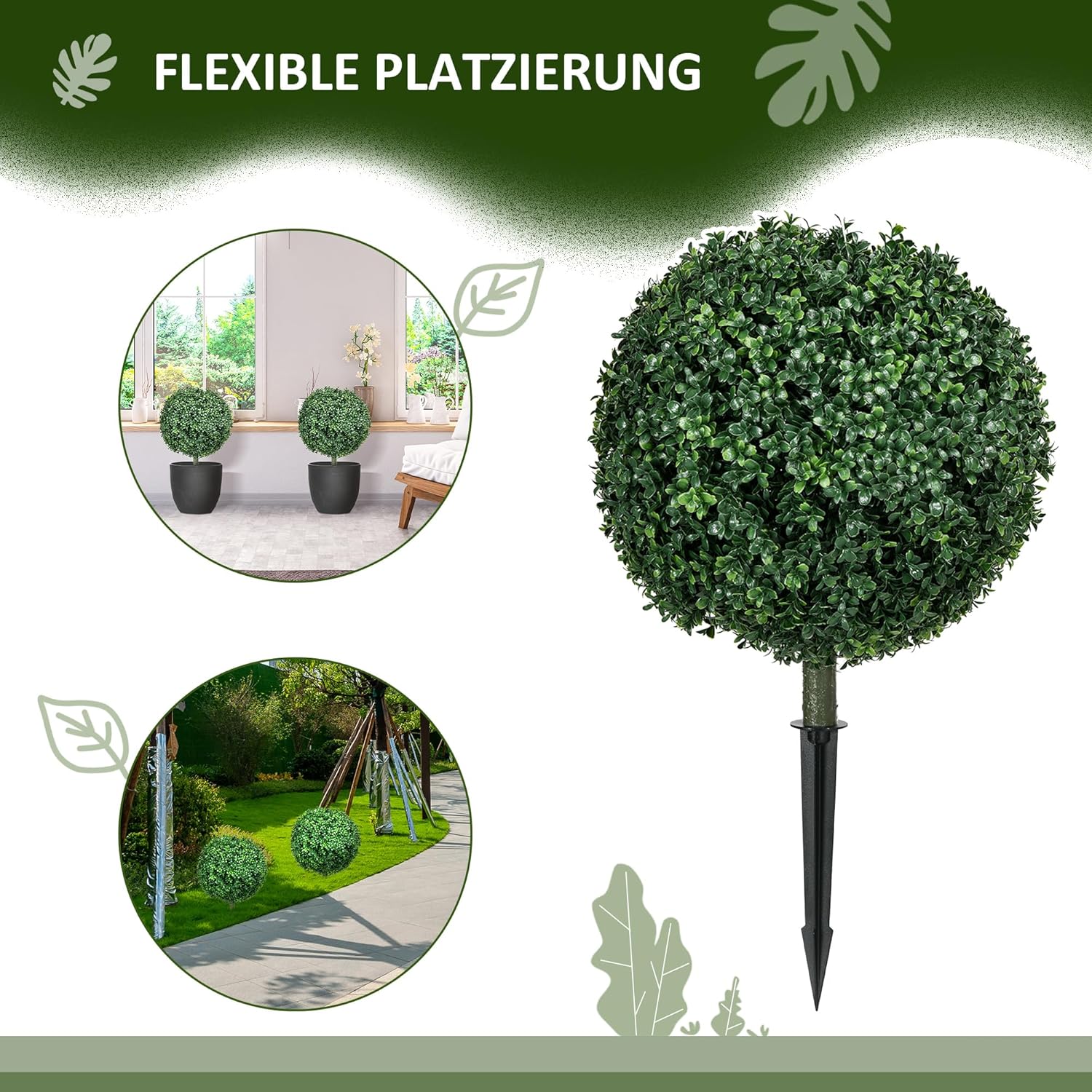 HOMCOM 2er Set Künstliche Buchsbaumkugel 70cm Kunstpflanze, Plastik Künstliche Pflanzen mit Bodenpfählen, Kunstbaum Fake Plant wie echt für Wohnzimmer Schlafzimmer Büro Dekoration Geschenk — Ansicht 3