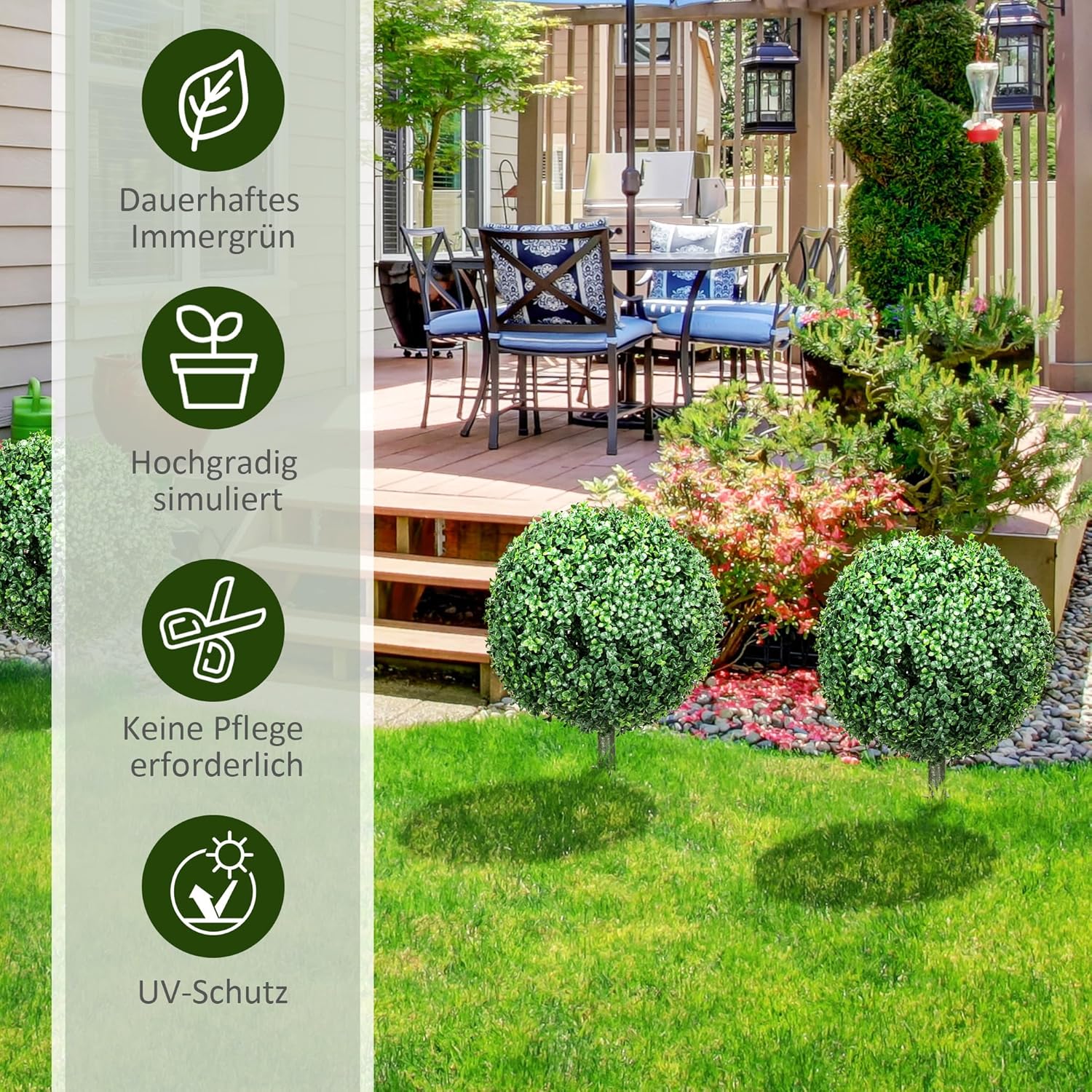 HOMCOM 2er Set Künstliche Buchsbaumkugel 70cm Kunstpflanze, Plastik Künstliche Pflanzen mit Bodenpfählen, Kunstbaum Fake Plant wie echt für Wohnzimmer Schlafzimmer Büro Dekoration Geschenk — Ansicht 5