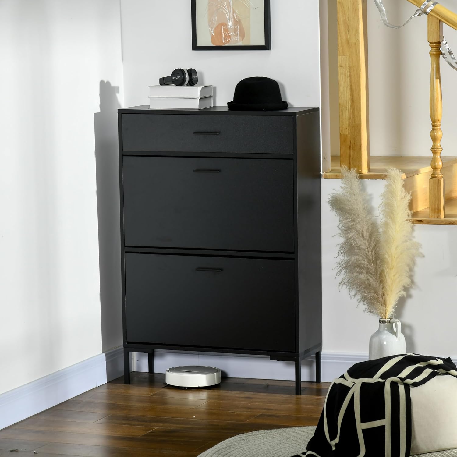 HOMCOM 3 Drawer Shoe Cabinet with 2 Flip Doors, Sliding Out Drawer and Adjustable Shelf for 12 Pairs of Shoes, Narrow Shoe Storage Cabinet for Hallway, Entryway, Black — Ansicht 2