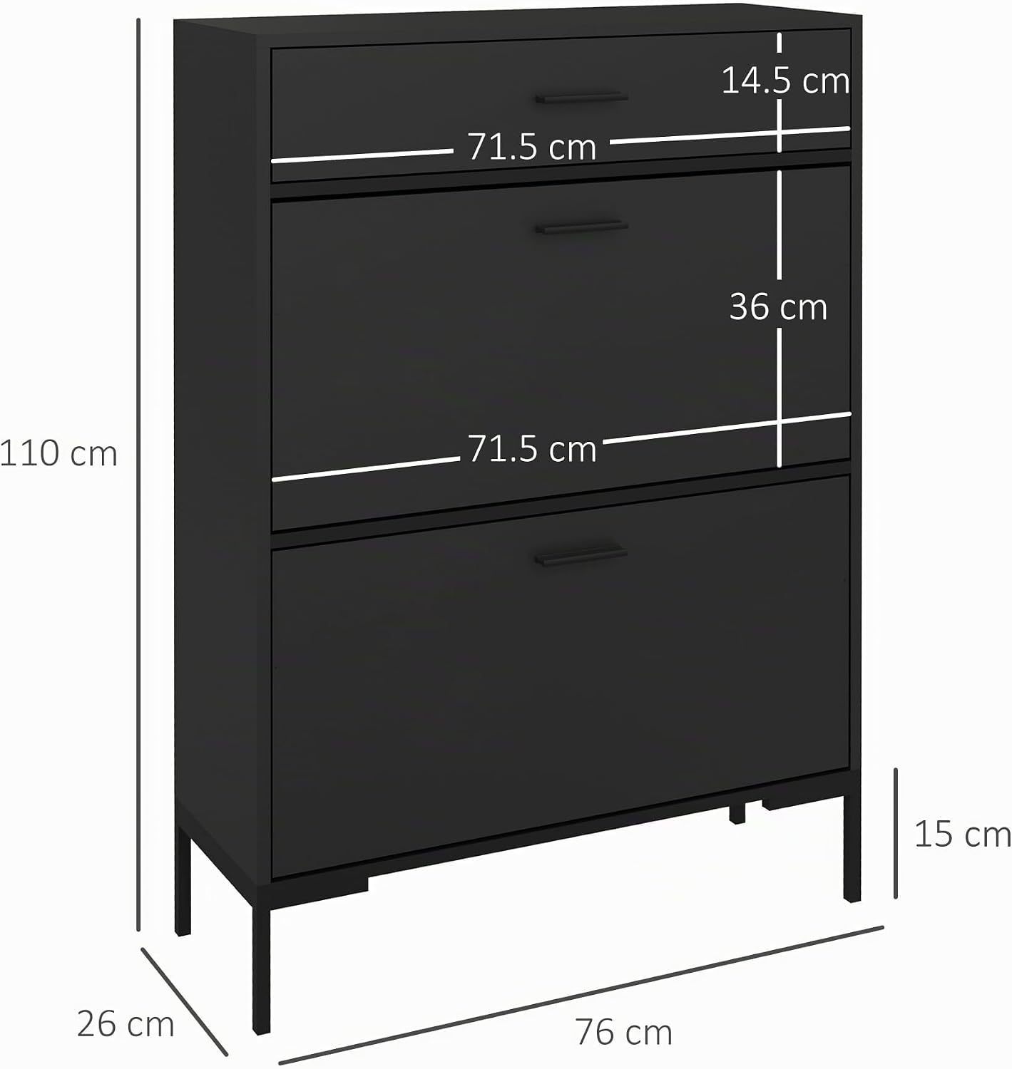 HOMCOM 3 Drawer Shoe Cabinet with 2 Flip Doors, Sliding Out Drawer and Adjustable Shelf for 12 Pairs of Shoes, Narrow Shoe Storage Cabinet for Hallway, Entryway, Black — Ansicht 3