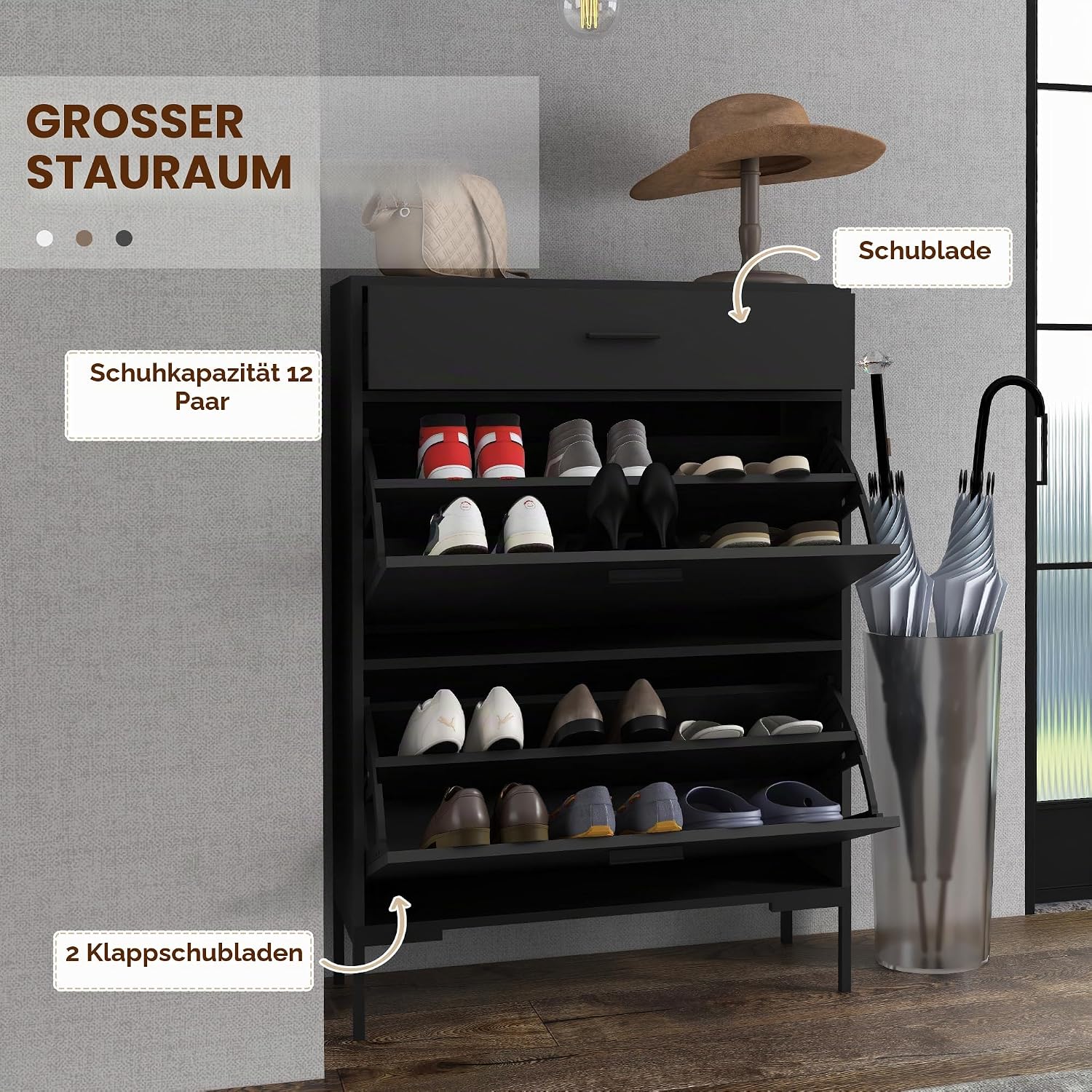HOMCOM 3 Drawer Shoe Cabinet with 2 Flip Doors, Sliding Out Drawer and Adjustable Shelf for 12 Pairs of Shoes, Narrow Shoe Storage Cabinet for Hallway, Entryway, Black — Ansicht 4