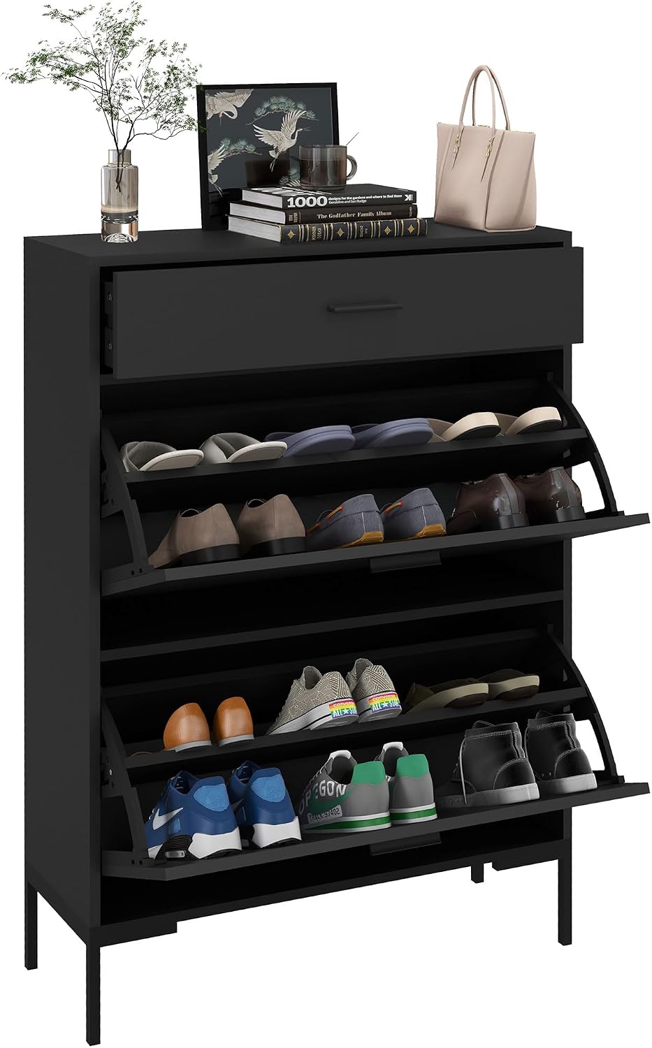 HOMCOM 3 Drawer Shoe Cabinet with 2 Flip Doors, Sliding Out Drawer and Adjustable Shelf for 12 Pairs of Shoes, Narrow Shoe Storage Cabinet for Hallway, Entryway, Black