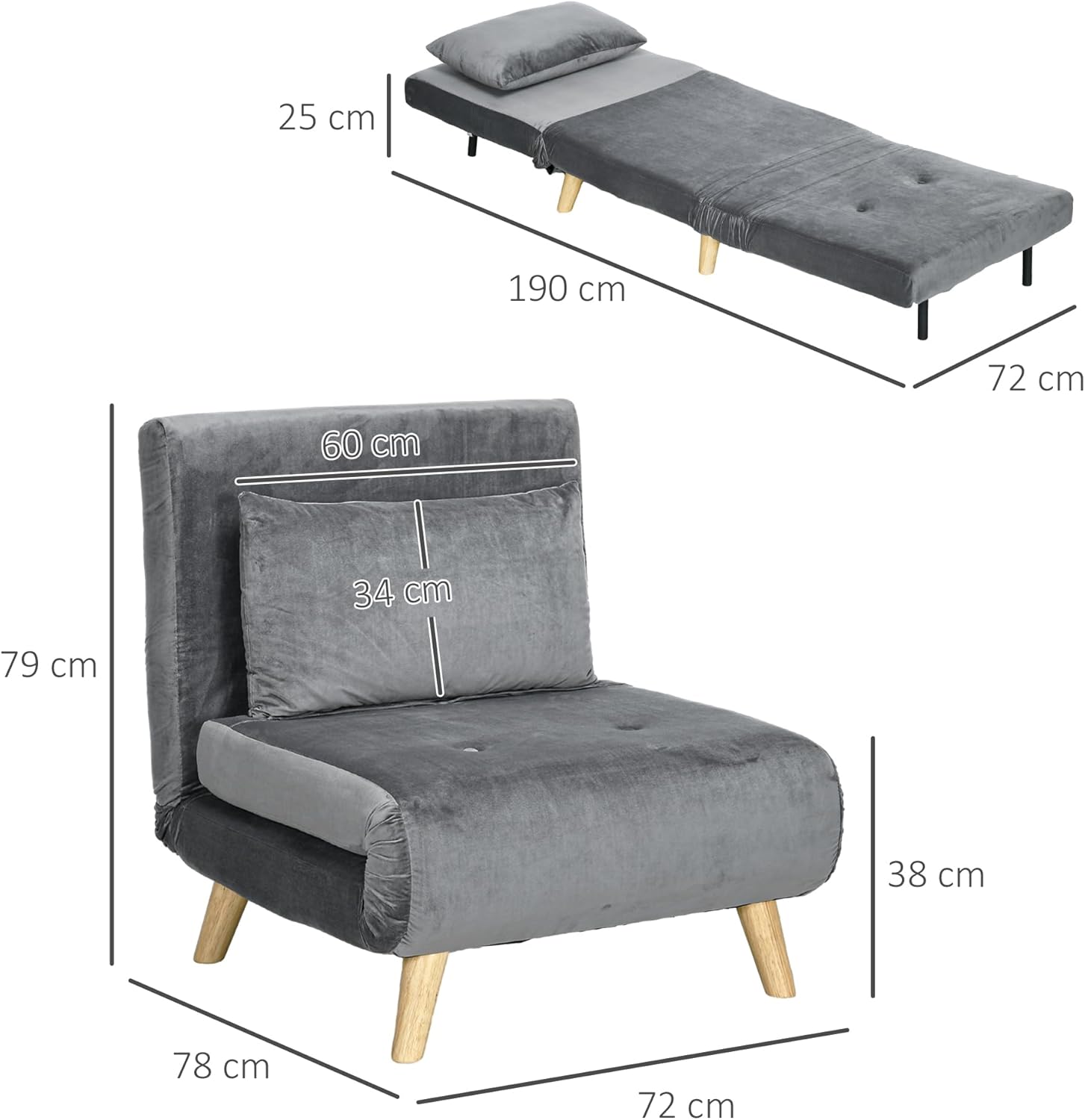 HOMCOM 3 in 1 Schlafsessel Klappbar Schlafsofa mit Bettfunktion Verstellbarer Rückenlehne Kissen Gästebett in Leinenoptik Relaxsessel Klappsessel für Wohnzimmer Schlafzimmer 72 x 78 x 79 cm Grau — Ansicht 3