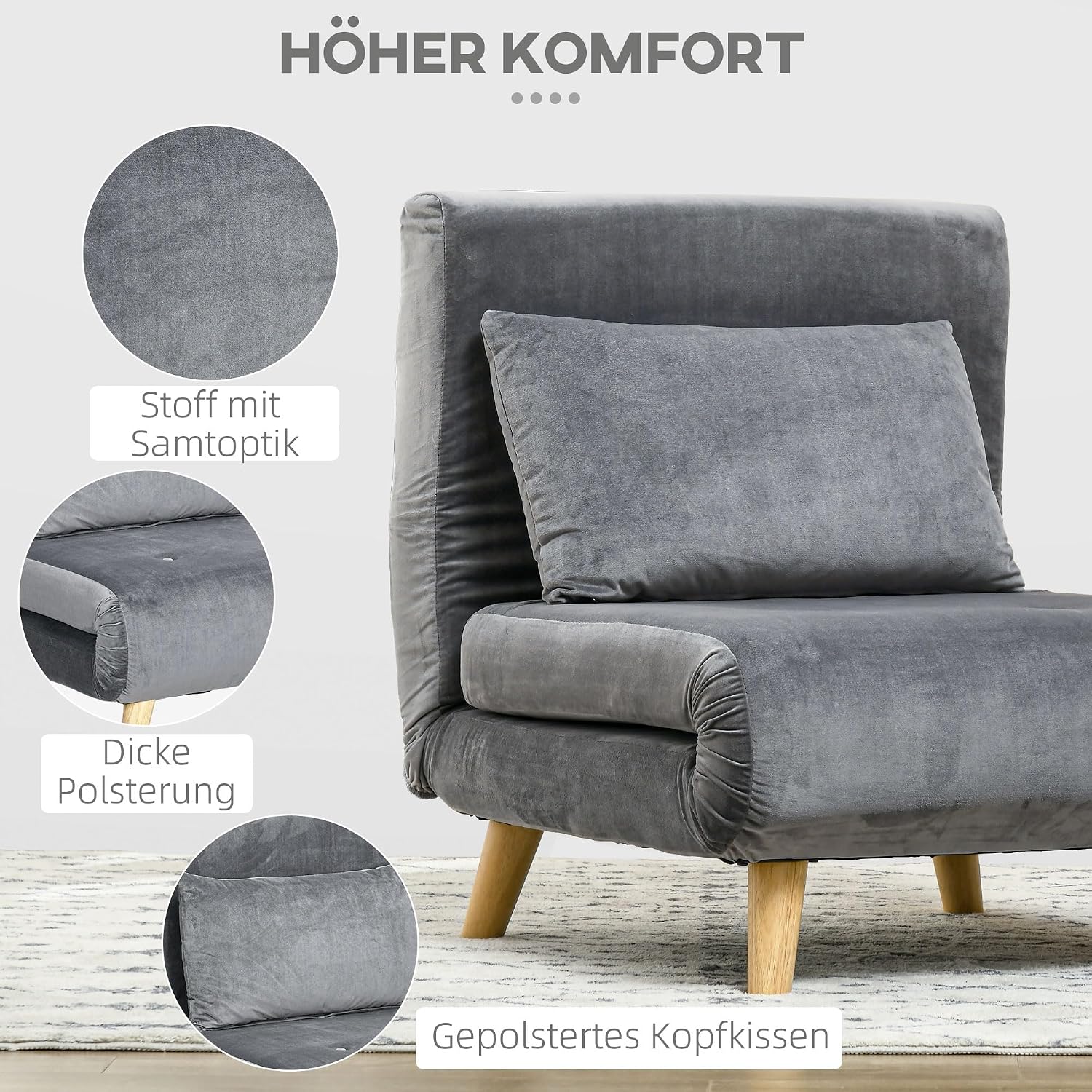HOMCOM 3 in 1 Schlafsessel Klappbar Schlafsofa mit Bettfunktion Verstellbarer Rückenlehne Kissen Gästebett in Leinenoptik Relaxsessel Klappsessel für Wohnzimmer Schlafzimmer 72 x 78 x 79 cm Grau — Ansicht 4