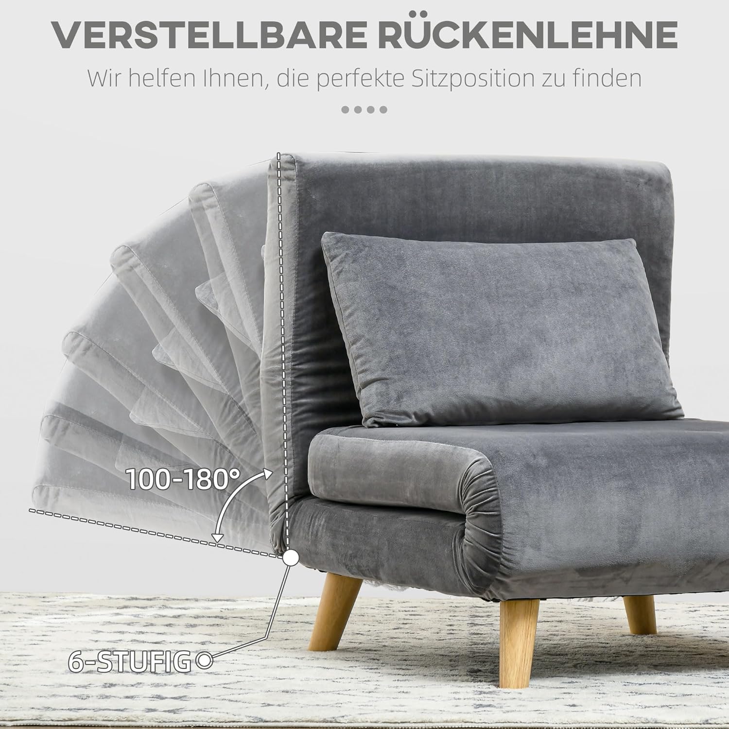 HOMCOM 3 in 1 Schlafsessel Klappbar Schlafsofa mit Bettfunktion Verstellbarer Rückenlehne Kissen Gästebett in Leinenoptik Relaxsessel Klappsessel für Wohnzimmer Schlafzimmer 72 x 78 x 79 cm Grau — Ansicht 5