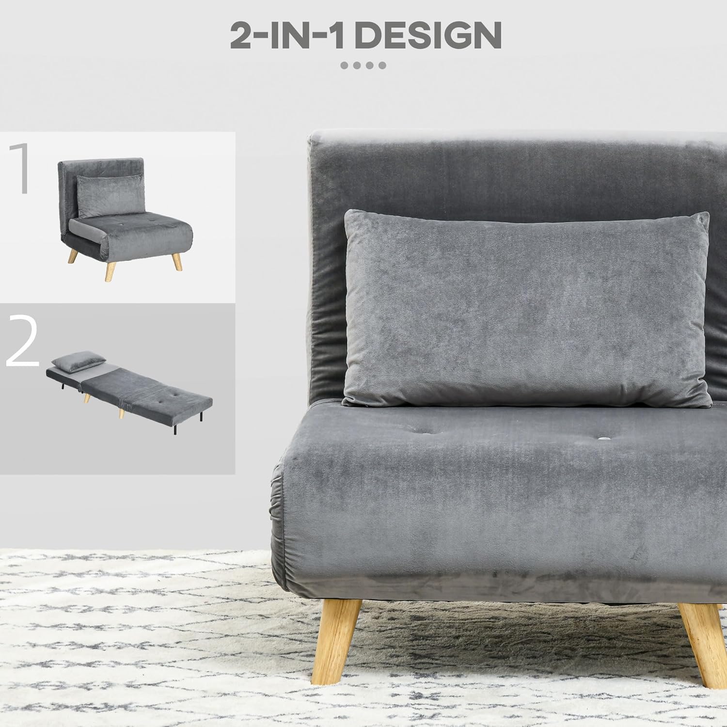 HOMCOM 3 in 1 Schlafsessel Klappbar Schlafsofa mit Bettfunktion Verstellbarer Rückenlehne Kissen Gästebett in Leinenoptik Relaxsessel Klappsessel für Wohnzimmer Schlafzimmer 72 x 78 x 79 cm Grau — Ansicht 6