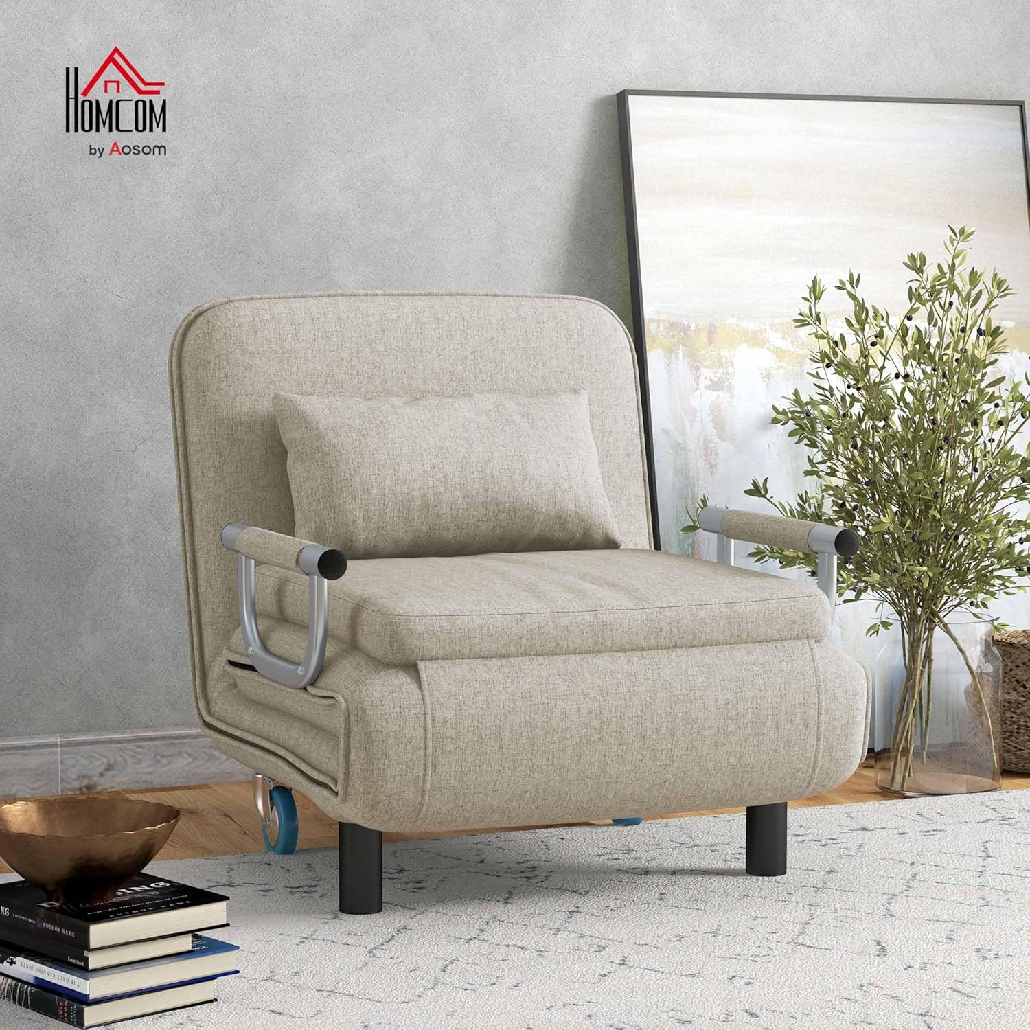 HOMCOM 3 in 1 Schlafsessel, Schlafsofa mit Bettfunktion, Klappsessel mit 3-stufig Verstellbarer Rückenlehne, Rollen, Stahlrahmen, 120kg Belastbar, für Wohnzimmer, Grau — Ansicht 2