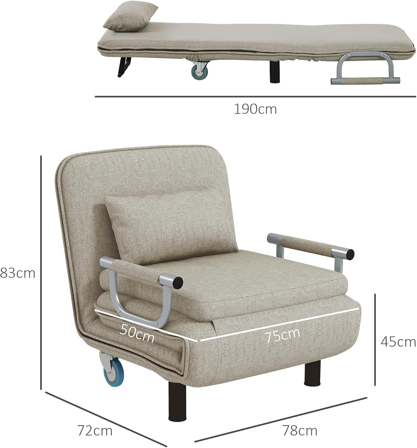 HOMCOM 3 in 1 Schlafsessel, Schlafsofa mit Bettfunktion, Klappsessel mit 3-stufig Verstellbarer Rückenlehne, Rollen, Stahlrahmen, 120kg Belastbar, für Wohnzimmer, Grau — Ansicht 3