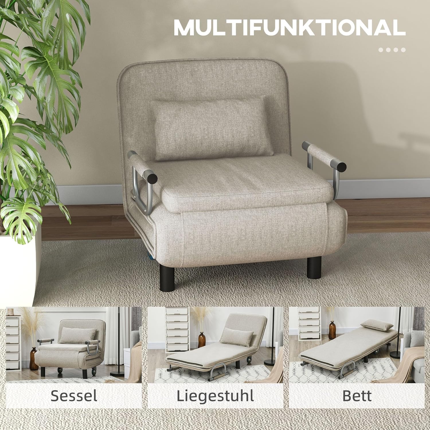 HOMCOM 3 in 1 Schlafsessel, Schlafsofa mit Bettfunktion, Klappsessel mit 3-stufig Verstellbarer Rückenlehne, Rollen, Stahlrahmen, 120kg Belastbar, für Wohnzimmer, Grau — Ansicht 4
