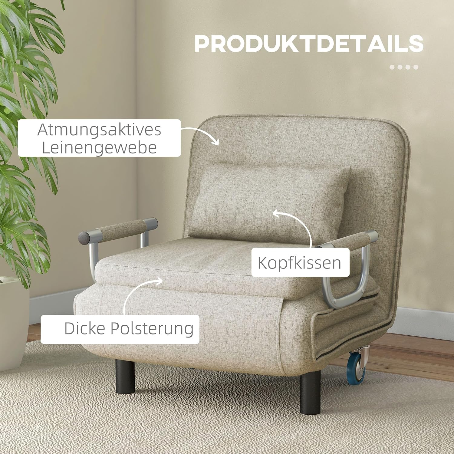 HOMCOM 3 in 1 Schlafsessel, Schlafsofa mit Bettfunktion, Klappsessel mit 3-stufig Verstellbarer Rückenlehne, Rollen, Stahlrahmen, 120kg Belastbar, für Wohnzimmer, Grau — Ansicht 6