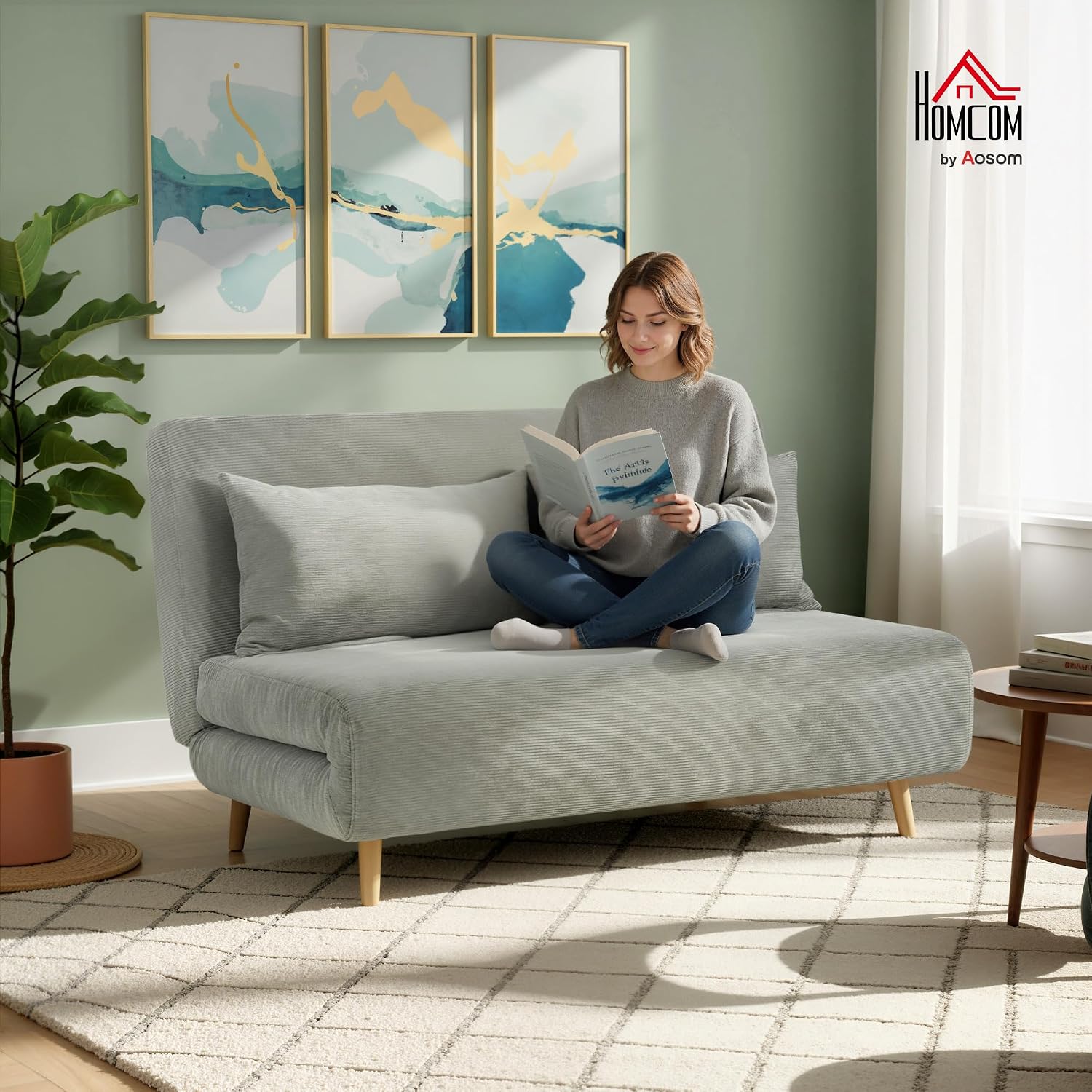 HOMCOM 3 in 1 Schlafsofa 2 Sitzer Sofa mit Schlaffunktion, 191 x 141 cm Klappbar Couch Schlafcouch mit 3-stufig Verstellbarer Rückenlehne und Kordoptik für Wohnzimmer, Grau — Ansicht 2