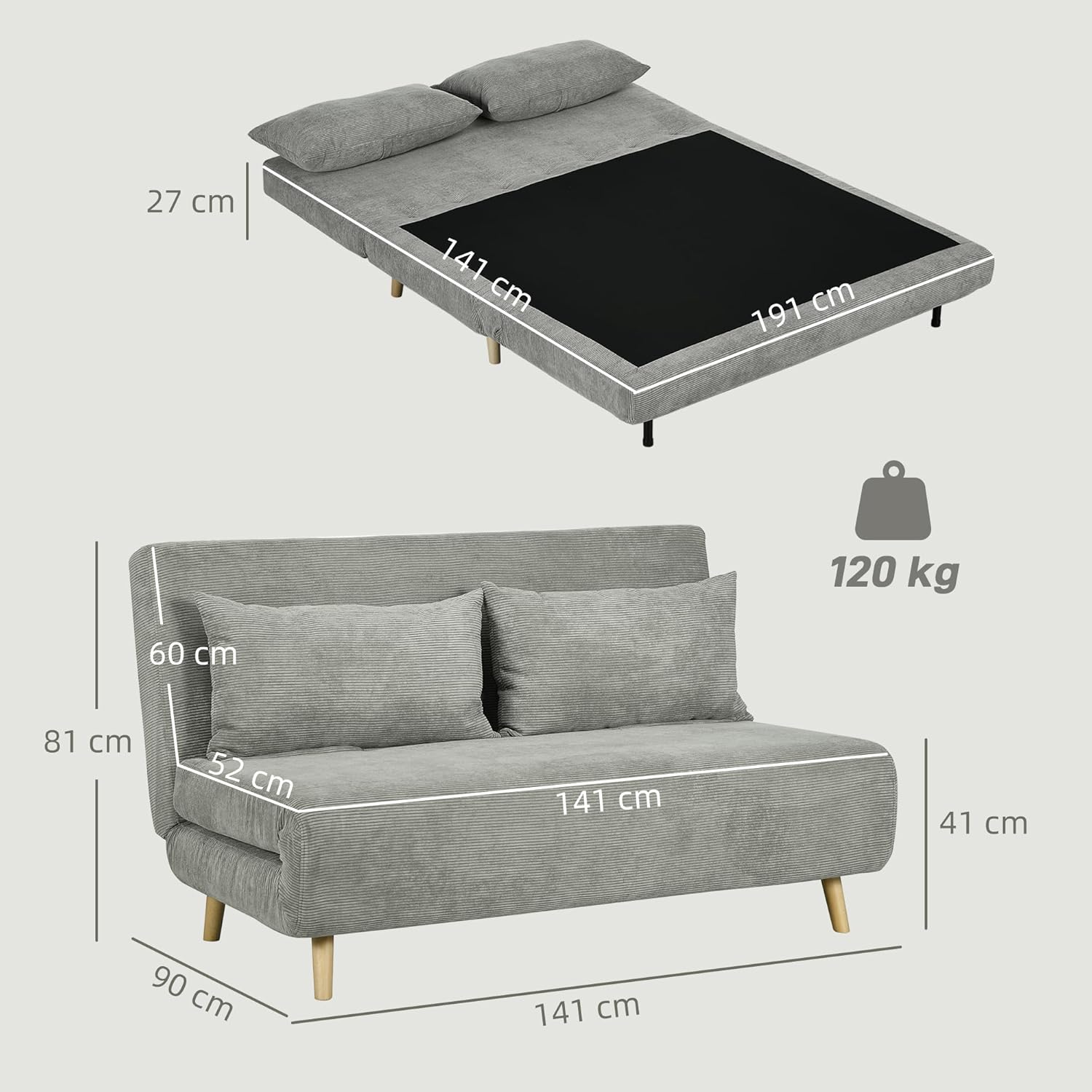 HOMCOM 3 in 1 Schlafsofa 2 Sitzer Sofa mit Schlaffunktion, 191 x 141 cm Klappbar Couch Schlafcouch mit 3-stufig Verstellbarer Rückenlehne und Kordoptik für Wohnzimmer, Grau — Ansicht 3