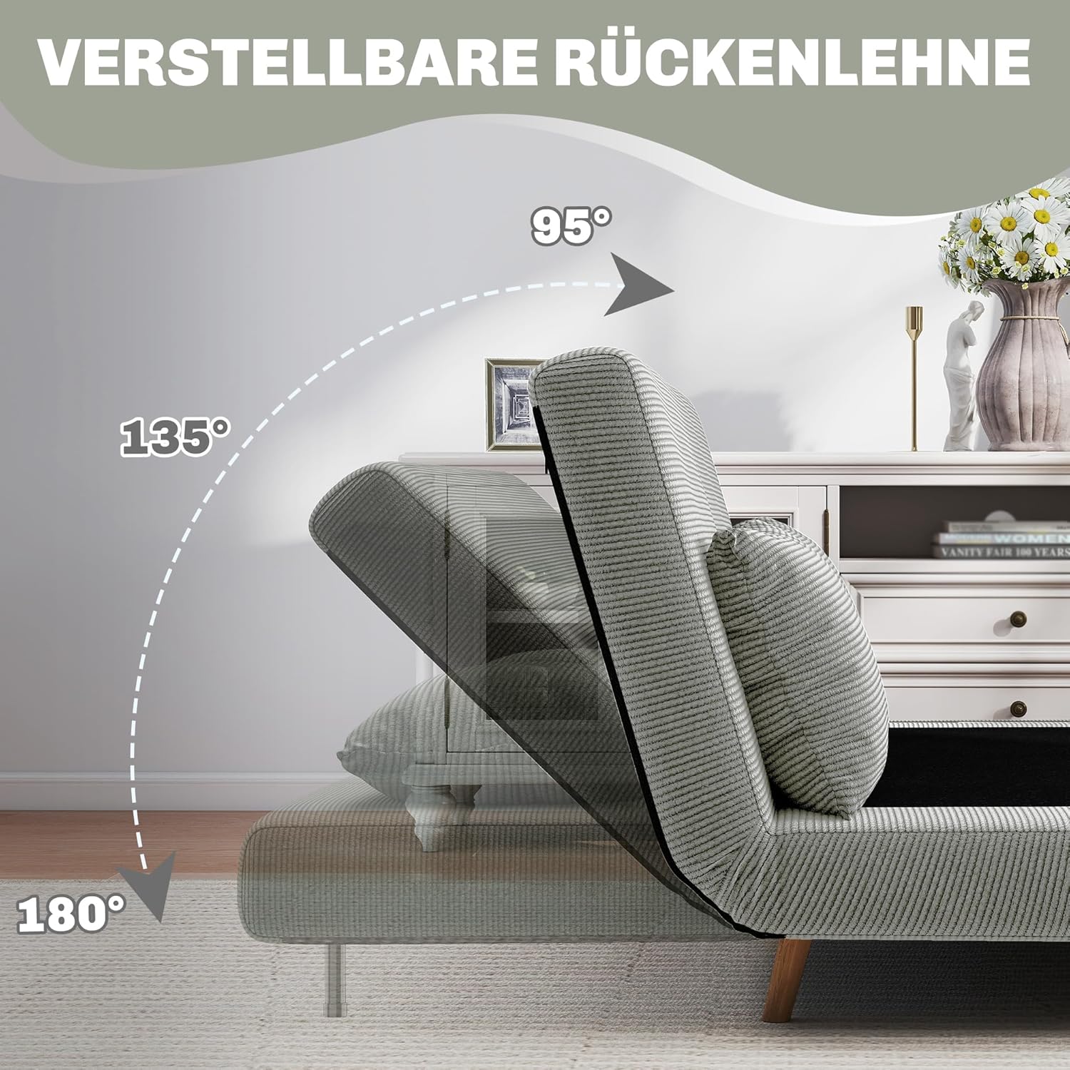 HOMCOM 3 in 1 Schlafsofa 2 Sitzer Sofa mit Schlaffunktion, 191 x 141 cm Klappbar Couch Schlafcouch mit 3-stufig Verstellbarer Rückenlehne und Kordoptik für Wohnzimmer, Grau — Ansicht 4